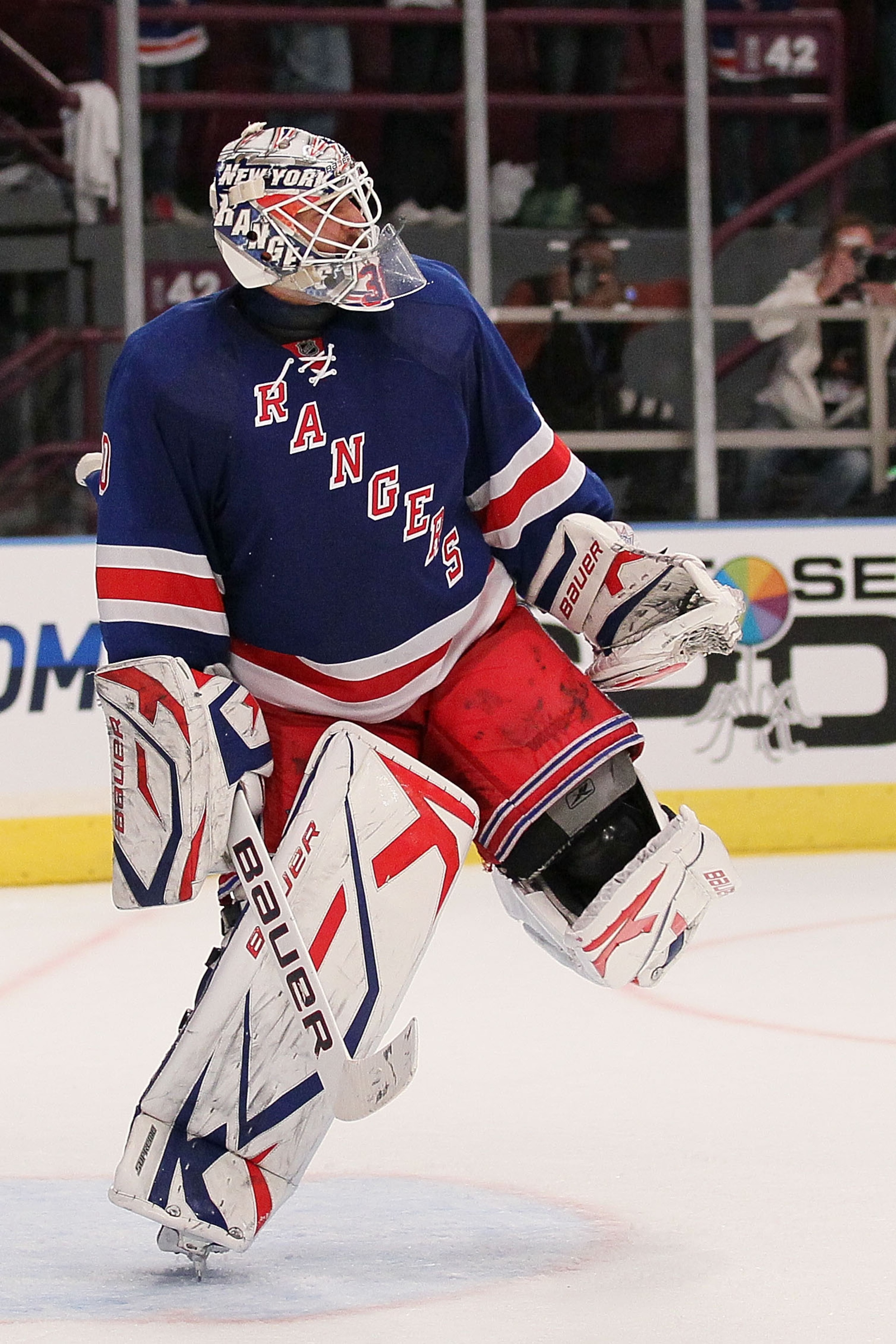 NEW YORK - APRIL 09: Henrik Lundqvist #30 of the New York Rangers celebrates victory against the Philadelphia Flyers during their game on April 9, 2010 at Madison Square Garden in New York City. (Photo by Chris McGrath/Getty Images) NEW YORK - APRIL 09: Henrik Lundqvist #30 of the New York Rangers celebrates victory against the Philadelphia Flyers during their game on April 9, 2010 at Madison Square Garden in New York City. (Photo by Chris McGrath/Getty Images)