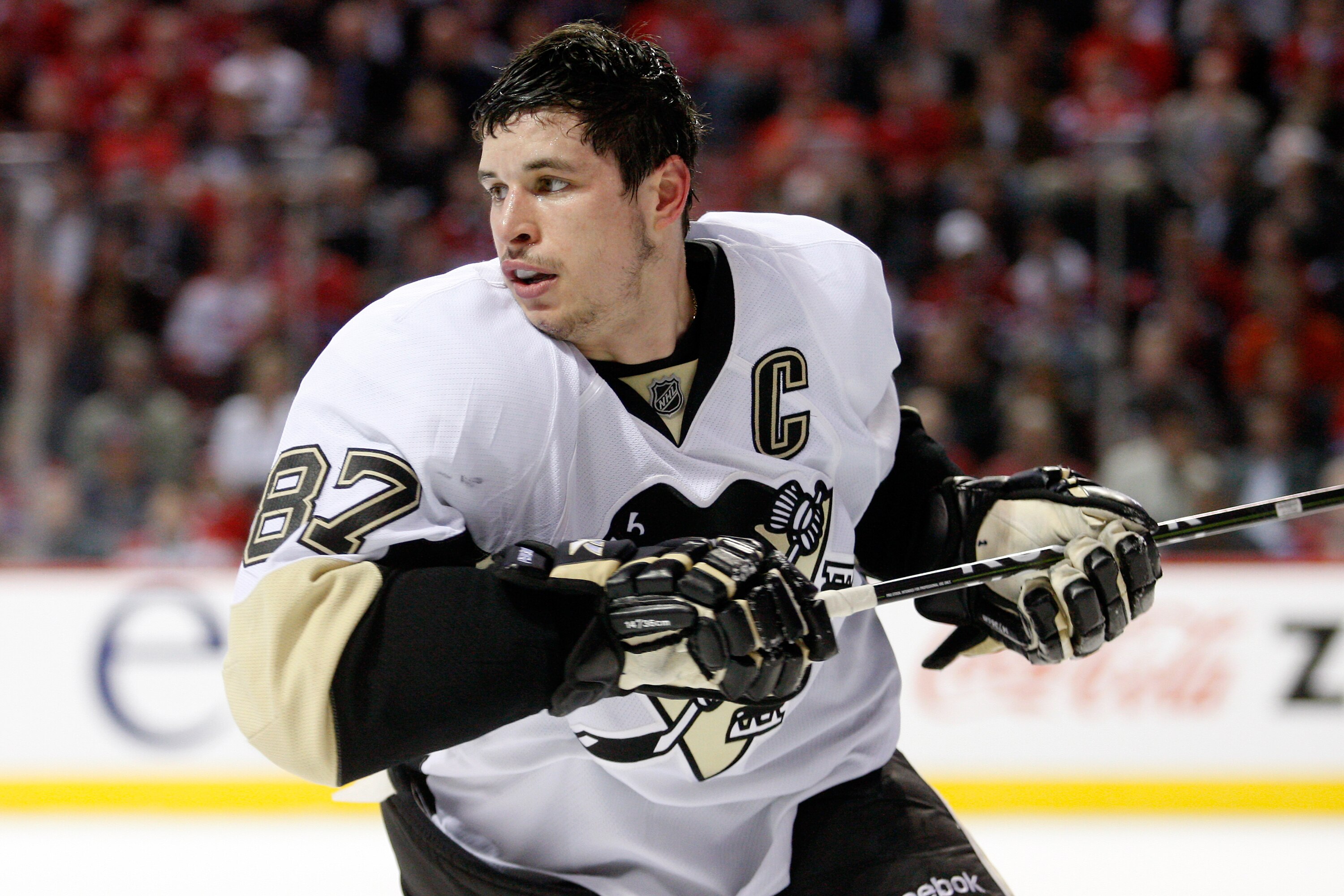 MONTREAL- MAY 6:  Sidney Crosby #87 of the Pittsburgh Penguins skates without his helmet in Game Four of the Eastern Conference Semifinals against the Montreal Canadiens during the 2010 NHL Stanley Cup Playoffs at the Bell Centre on May 6, 2010 in Montrea