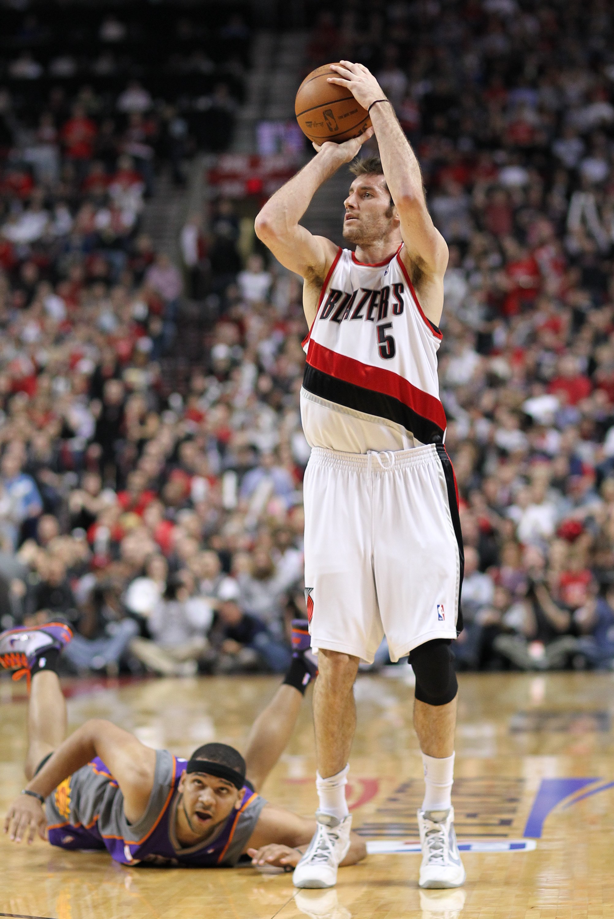 PORTLAND, OR - APRIL 29:  Rudy Fernandez #5 of the Portland Trail Blazers shoots against the Phoenix Suns during Game Six of the Western Conference Quarterfinals of the NBA Playoffs on April 29, 2010 at the Rose Garden in Portland, Oregon. NOTE TO USER: U