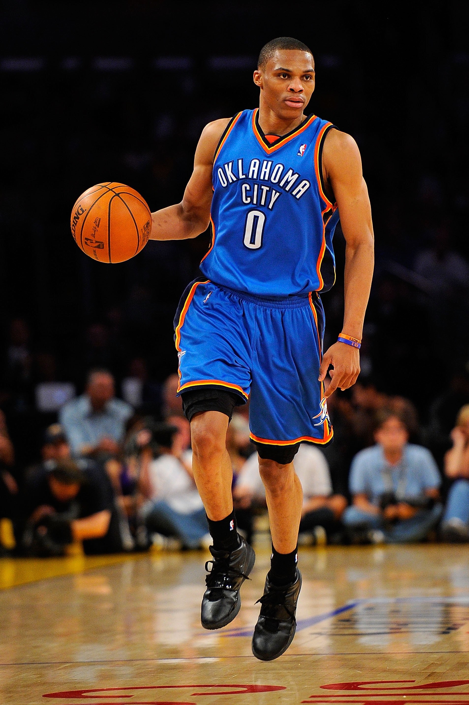 LOS ANGELES, CA - APRIL 27:  Russell Westbrook #0 of the Oklahoma City Thunder moves the ball while taking on the Los Angeles Lakers during Game Five of the Western Conference Quarterfinals of the 2010 NBA Playoffs at Staples Center on April 27, 2010 in L