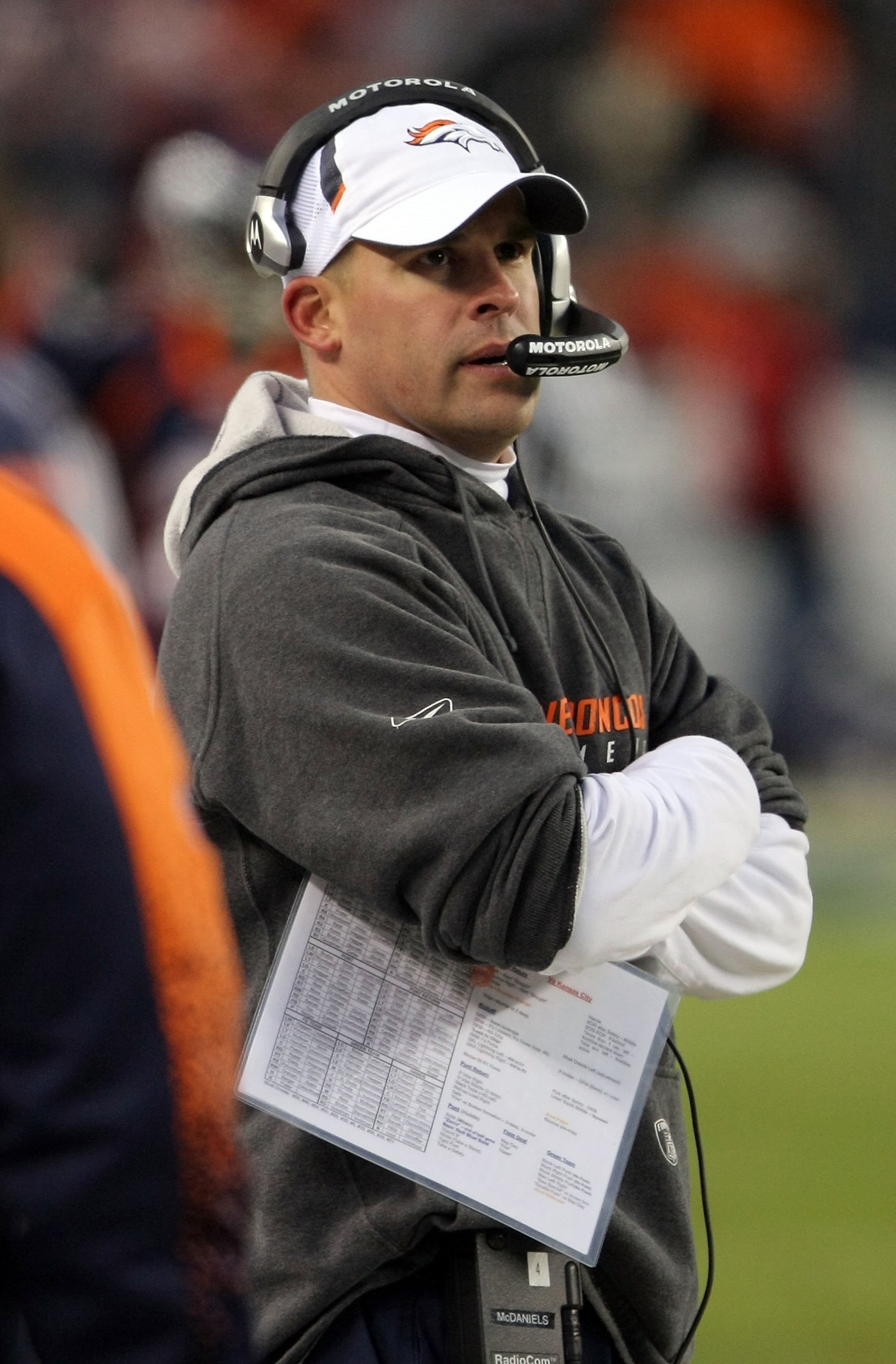 DENVER - JANUARY 03:  Head coach Josh McDaniels of the Denver Broncos leads his team against the Kansas City Chiefs during NFL action at Invesco Field at Mile High on January 3, 2010 in Denver, Colorado. The Chiefs defeated the Broncos 44-24.  (Photo by D