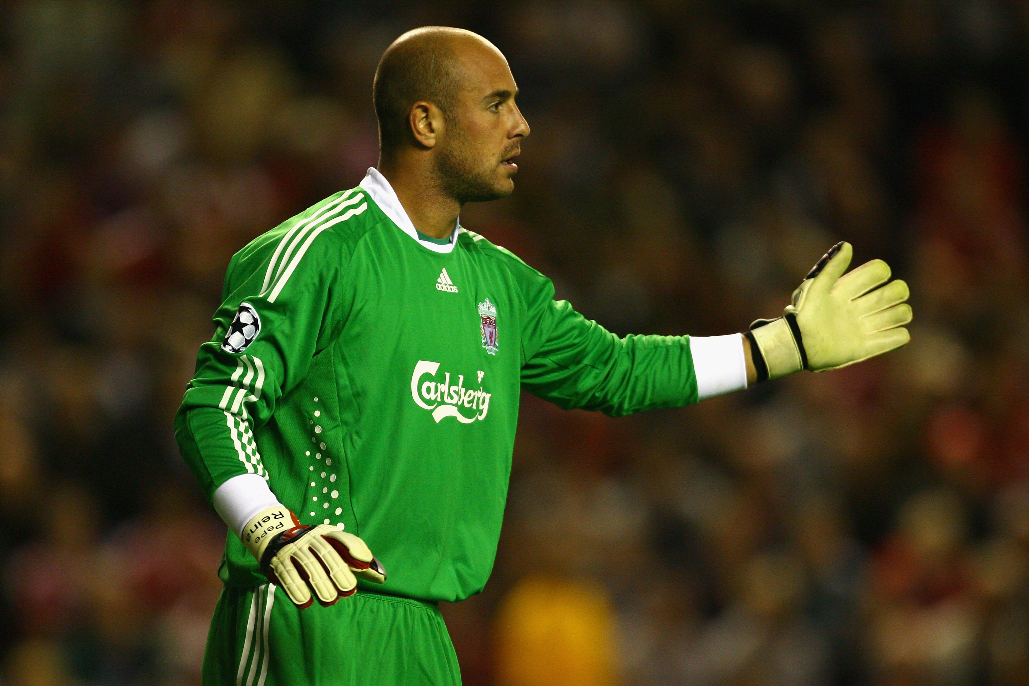 LIVERPOOL, ENGLAND - SEPTEMBER 16:  Pepe Reina of Liverpool gestures during the UEFA Champions League Group E match between Liverpool and Debrecen VSC at Anfield on September 16, 2009 in Liverpool, England.  (Photo by Alex Livesey/Getty Images)