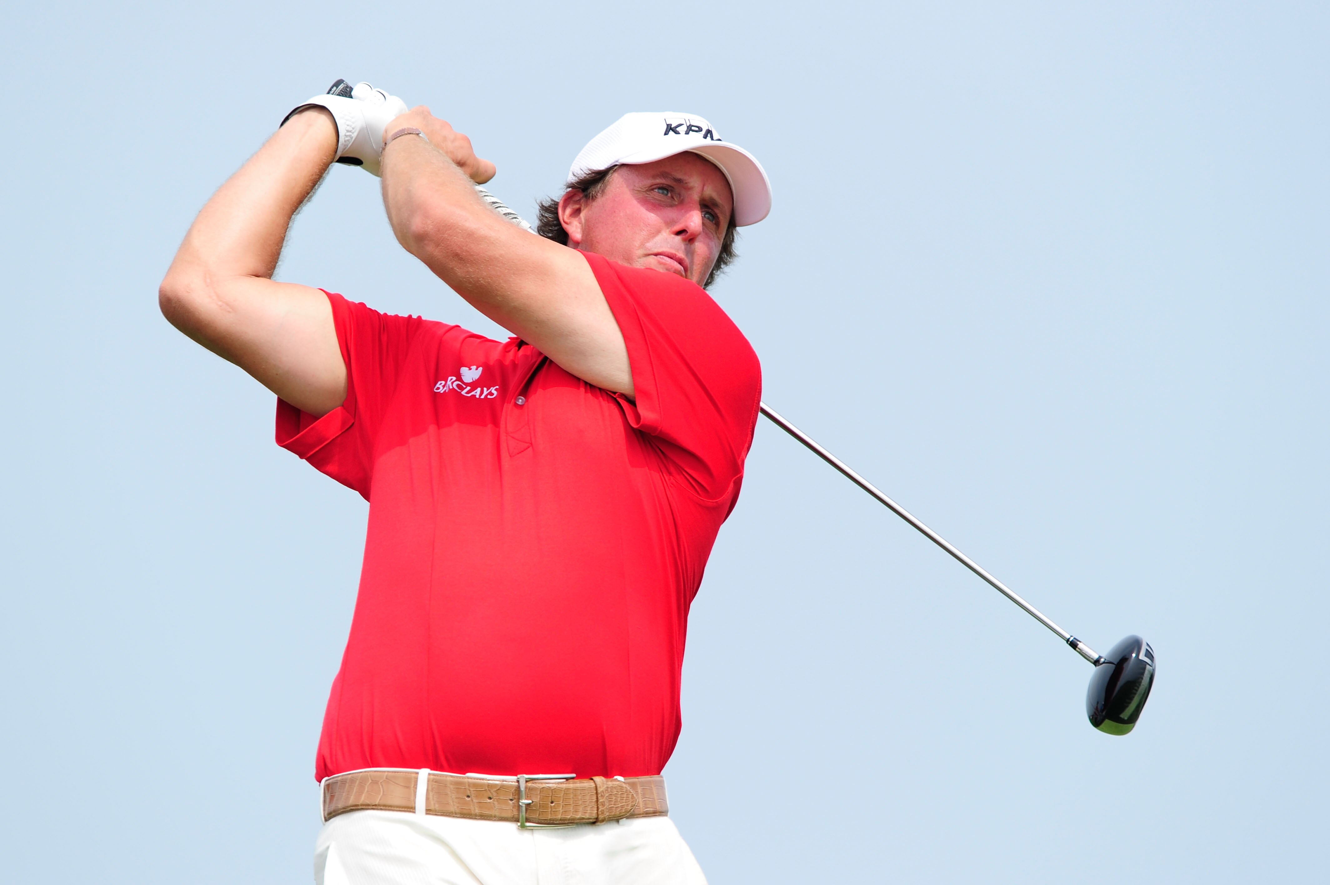 KOHLER, WI - AUGUST 10:  Phil Mickelson hits a shot during a practice round prior to the start of the 92nd PGA Championship on the Straits Course at Whistling Straits on August 10, 2010 in Kohler, Wisconsin.  (Photo by Stuart Franklin/Getty Images)