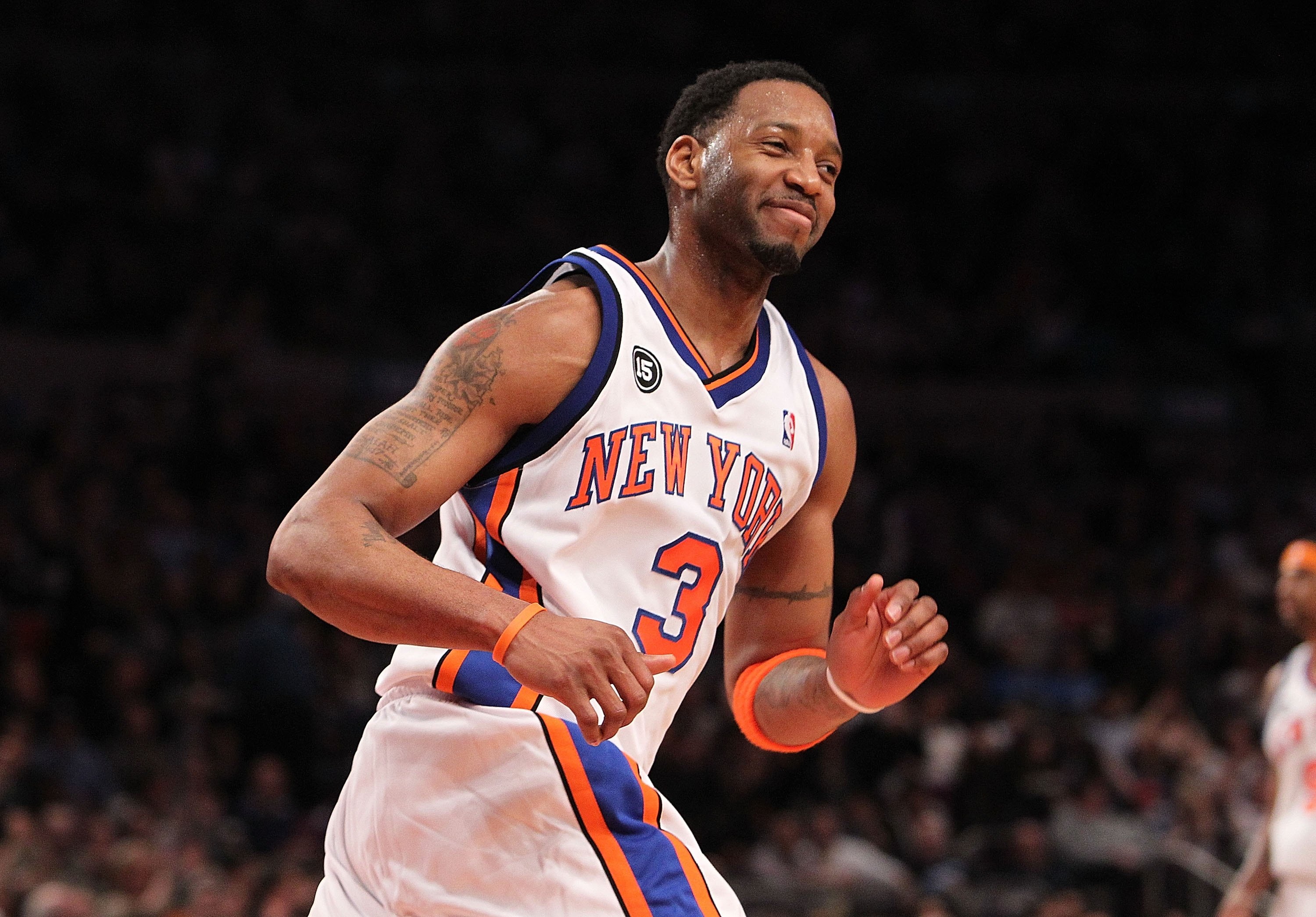 NEW YORK - FEBRUARY 20:  Tracy McGrady #3 of the New York Knicks smiles after making a basket against the Oklahoma City Thunder at Madison Square Garden on February 20, 2010 in New York, New York. NOTE TO USER: User expressly acknowledges and agrees that,