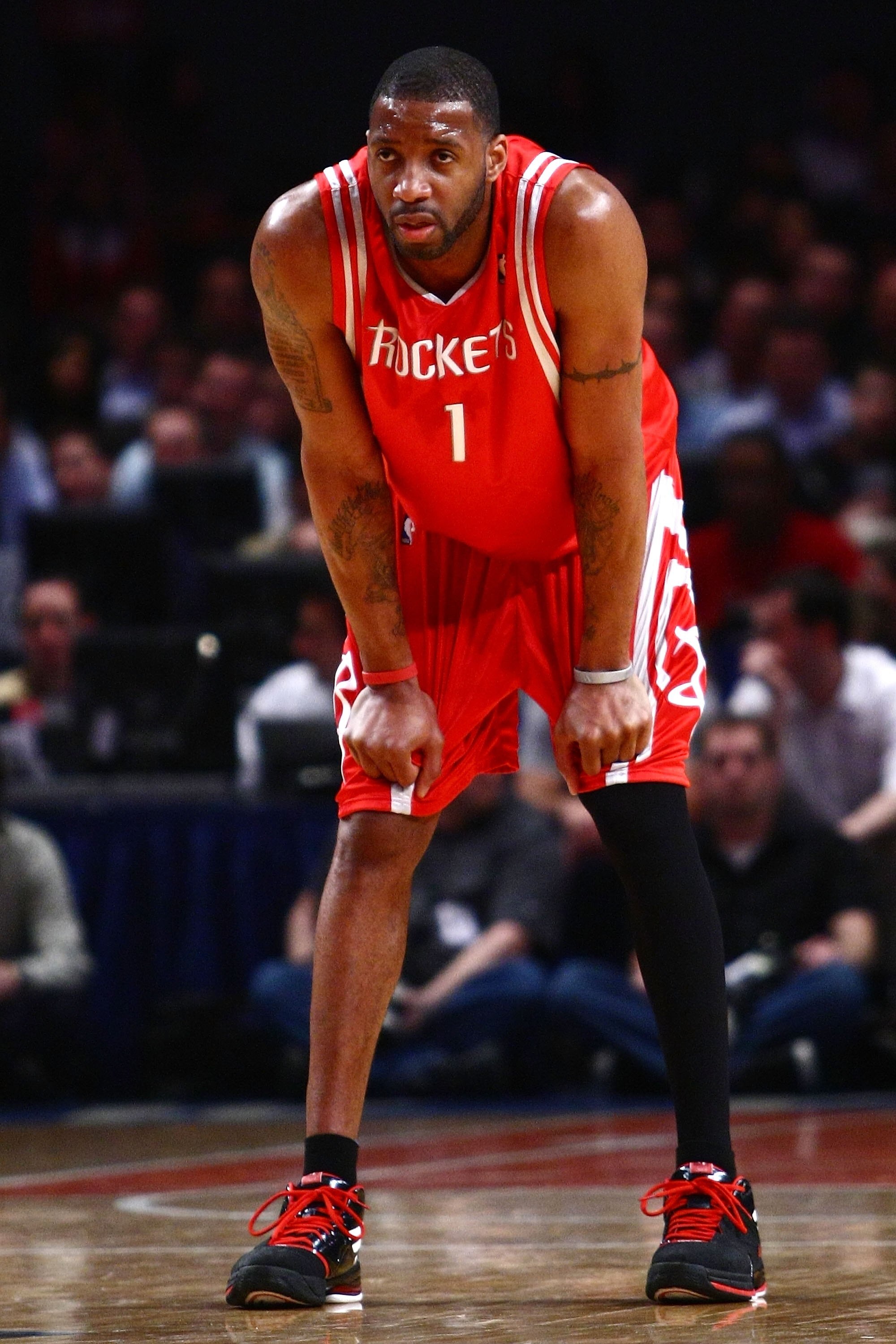 NEW YORK - JANUARY 26:  Tracy McGrady #1 of the Houston Rockets looks on against the New York Knicks on January 26, 2009 at Madison Square Garden in New York City.  NOTE TO USER: User expressly acknowledges and agrees that, by downloading and/or using thi