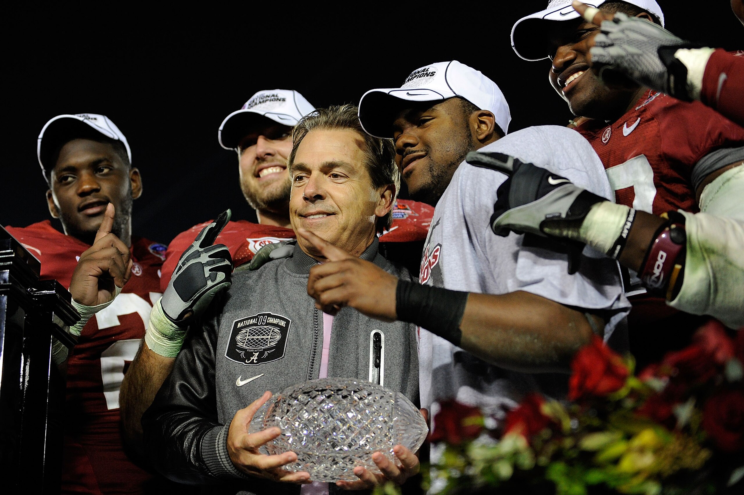 PASADENA, CA - JANUARY 07: Head coach Nick Saban and the Alabama Crimson Tide celebrate with the BCS Championship trophy after winning the Citi BCS National Championship game over the Texas Longhorns at the Rose Bowl on January 7, 2010 in Pasadena, Calif PASADENA, CA - JANUARY 07: Head coach Nick Saban and the Alabama Crimson Tide celebrate with the BCS Championship trophy after winning the Citi BCS National Championship game over the Texas Longhorns at the Rose Bowl on January 7, 2010 in Pasadena, Calif