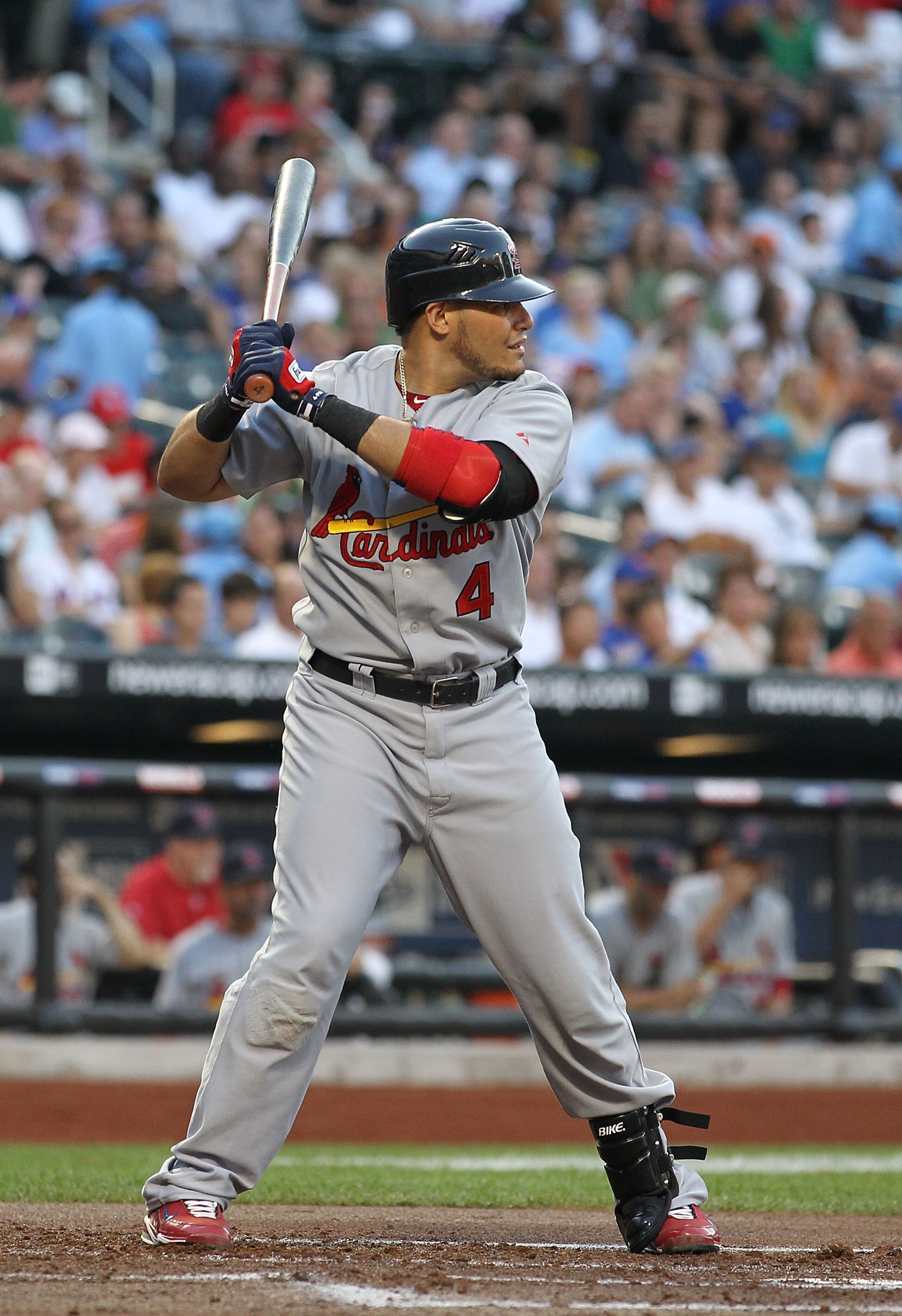 NEW YORK - JULY 27:  Yadier Molina #4 of the St. Louis Cardinals in action against the New York Mets during their game on July 27, 2010 at Citi Field in the Flushing neighborhood of the Queens borough of New York City.  (Photo by Al Bello/Getty Images)