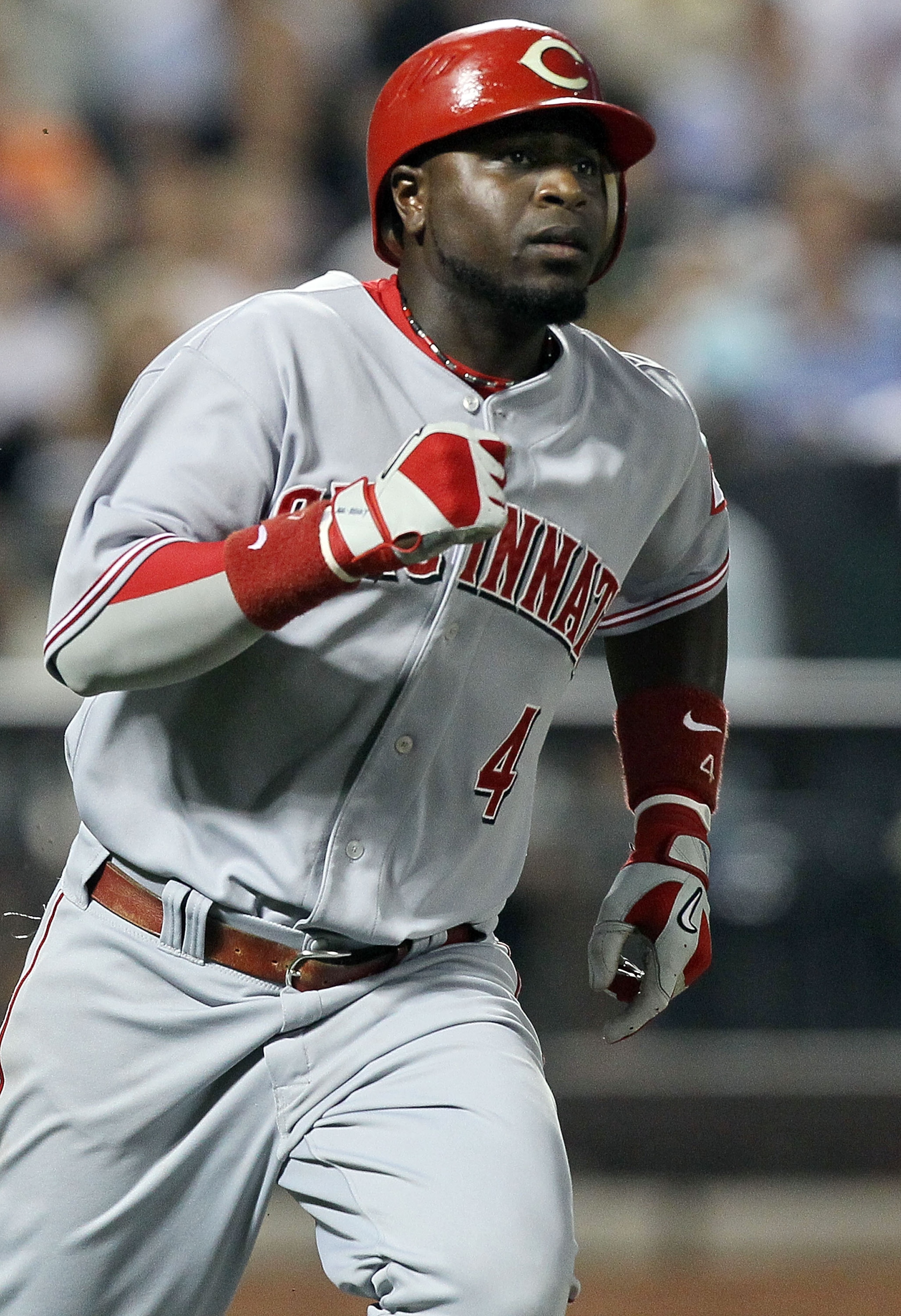 NEW YORK - JULY 07:  Brandon Phillips #4 of the Cincinnati Reds runs the bases after hitting a seventh inning RBI double against the New York Mets on July 7, 2010 at Citi Field in the Flushing neighborhood of the Queens borough of New York City.  (Photo b