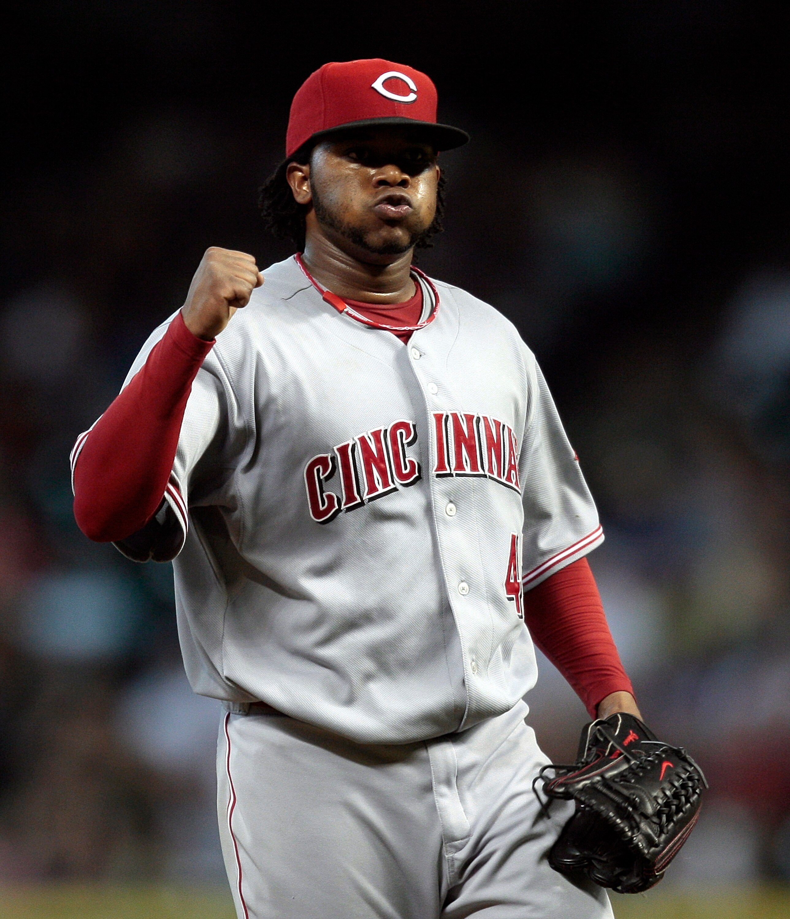 HOUSTON - JULY 24:  Pitcher Johnny Cueto #47 of the Cincinnati Reds pumps his fist after retiring the Houston Astros in the eighth Inning at Minute Maid Park on July 24, 2010 in Houston, Texas.  (Photo by Bob Levey/Getty Images)