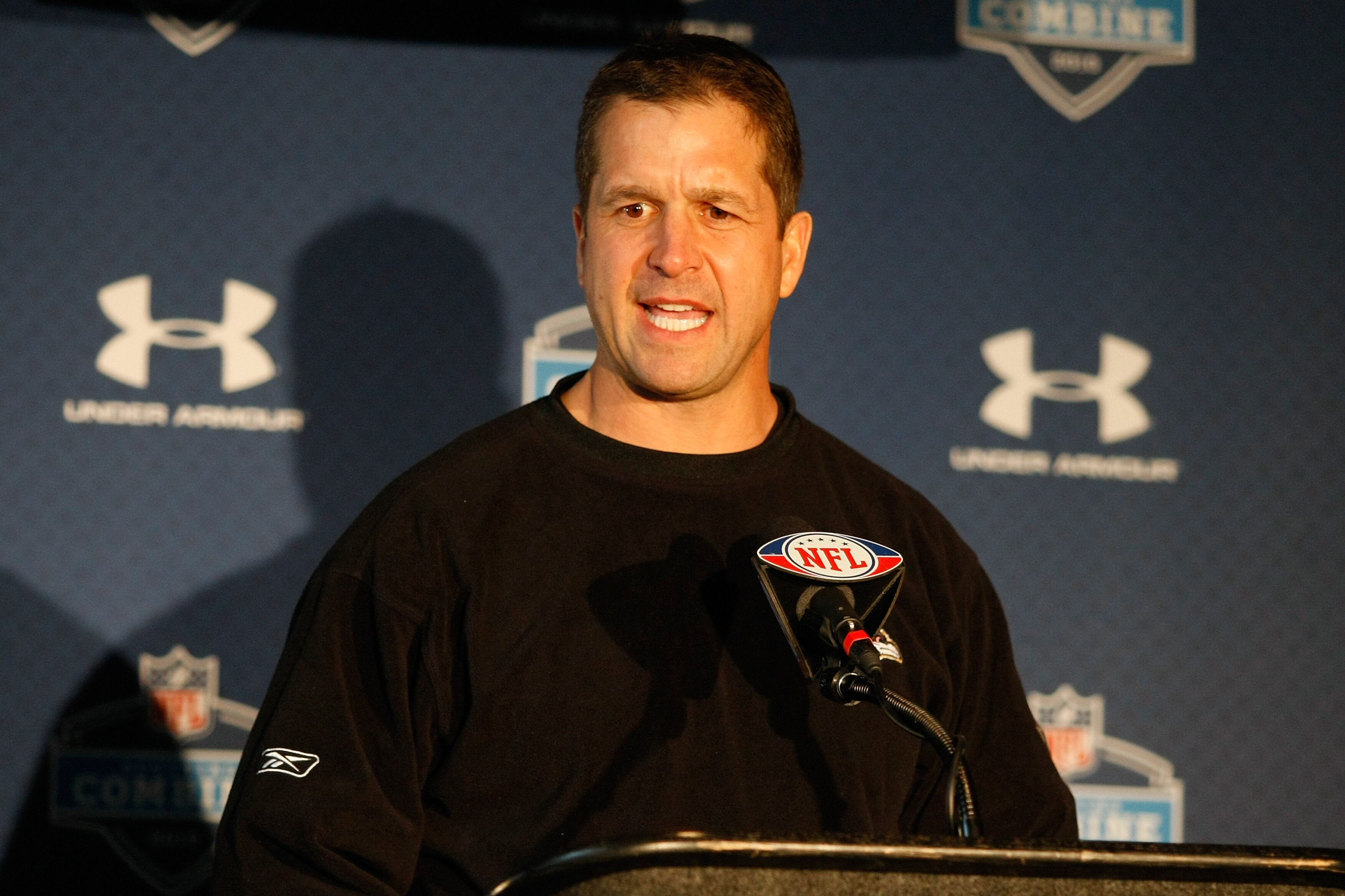INDIANAPOLIS, IN - FEBRUARY 27: Head coach John Harbaugh of the Baltimore Ravens talks to the media during the NFL Scouting Combine presented by Under Armour at Lucas Oil Stadium on February 27, 2010 in Indianapolis, Indiana. (Photo by Scott Boehm/Getty I