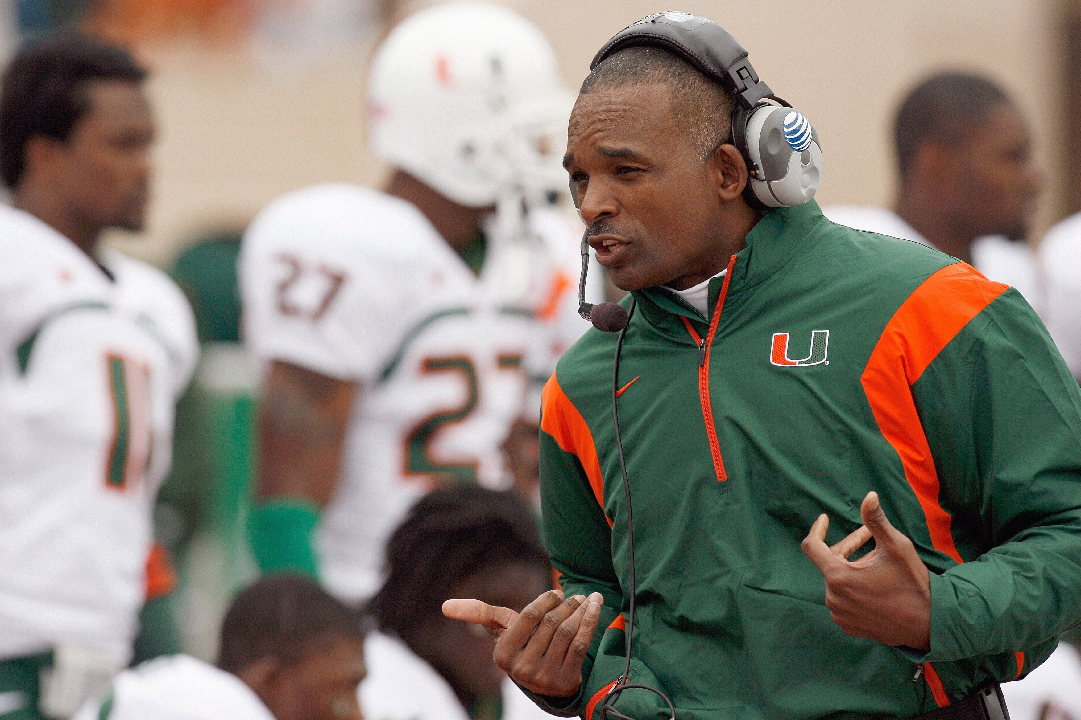 DURHAM, NC - OCTOBER 18:  Head coach Randy Shannon of the Miami Hurricanes talks to his players during the game against the Duke Blue Devils at Wallace Wade Stadium on October 18, 2008 in Durham, North Carolina.  (Photo by Kevin C. Cox/Getty Images)