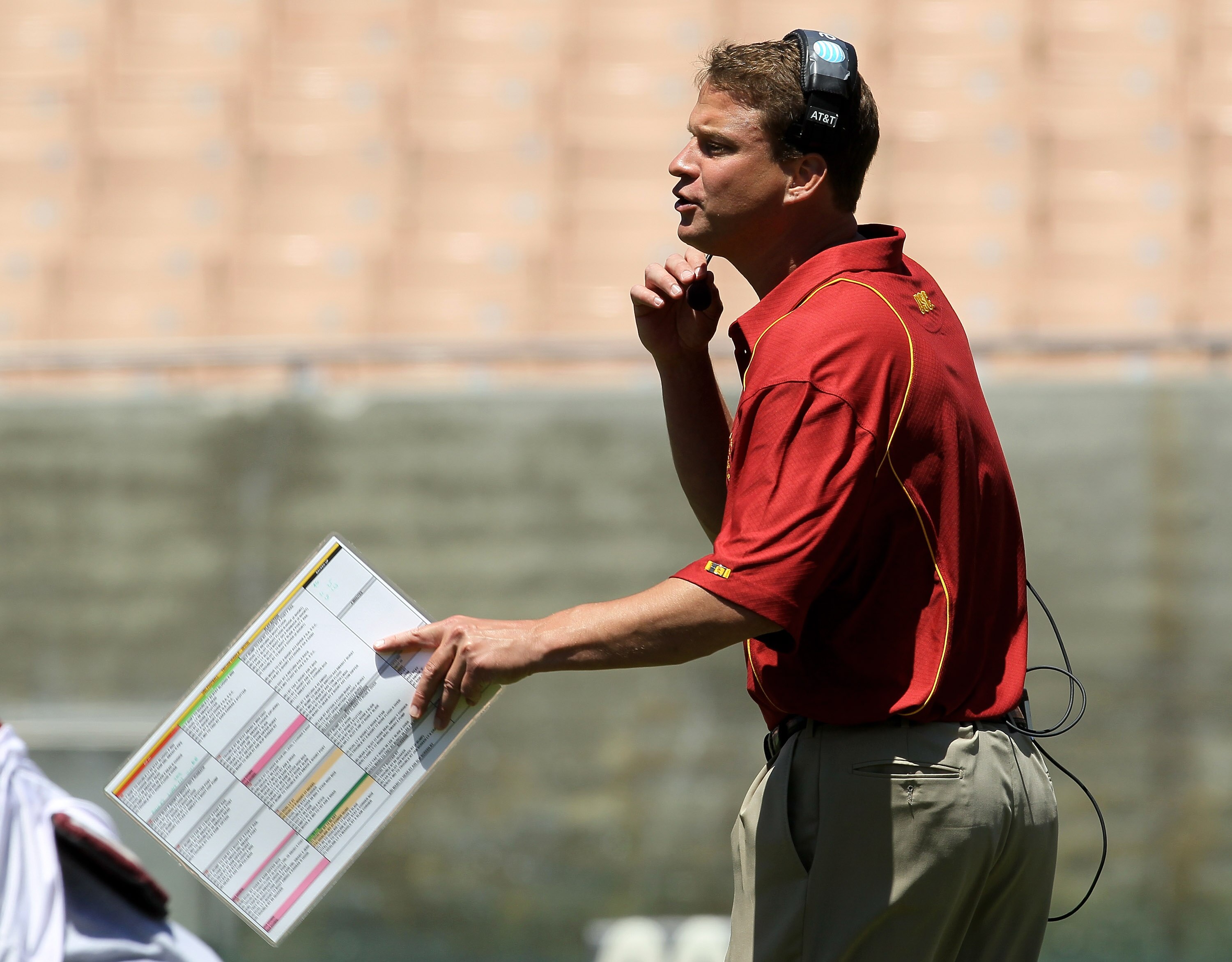 LOS ANGELES, CA - MAY 01:  Head coach Lane Kiffin gives instructions during the  USC Trojans spring game on  May 1, 2010 at the Los Angeles Memorial Coliseum in Los Angeles, California.  (Photo by Stephen Dunn/Getty Images)