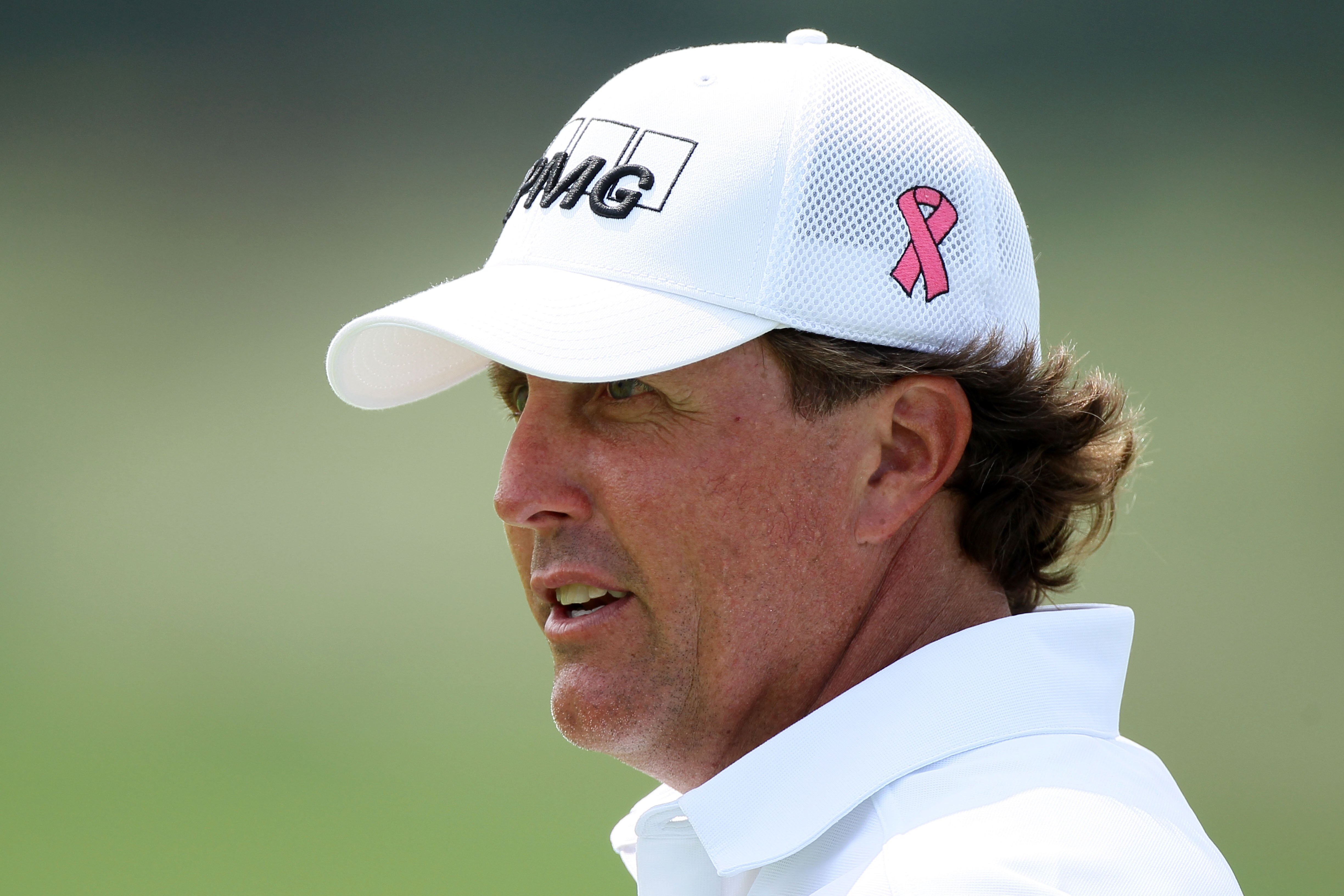 KOHLER, WI - AUGUST 11:  Phil Mickelson looks on from the practice range prior to the start of the 92nd PGA Championship on the Straits Course at Whistling Straits on August 11, 2010 in Kohler, Wisconsin.  (Photo by Andy Lyons/Getty Images)