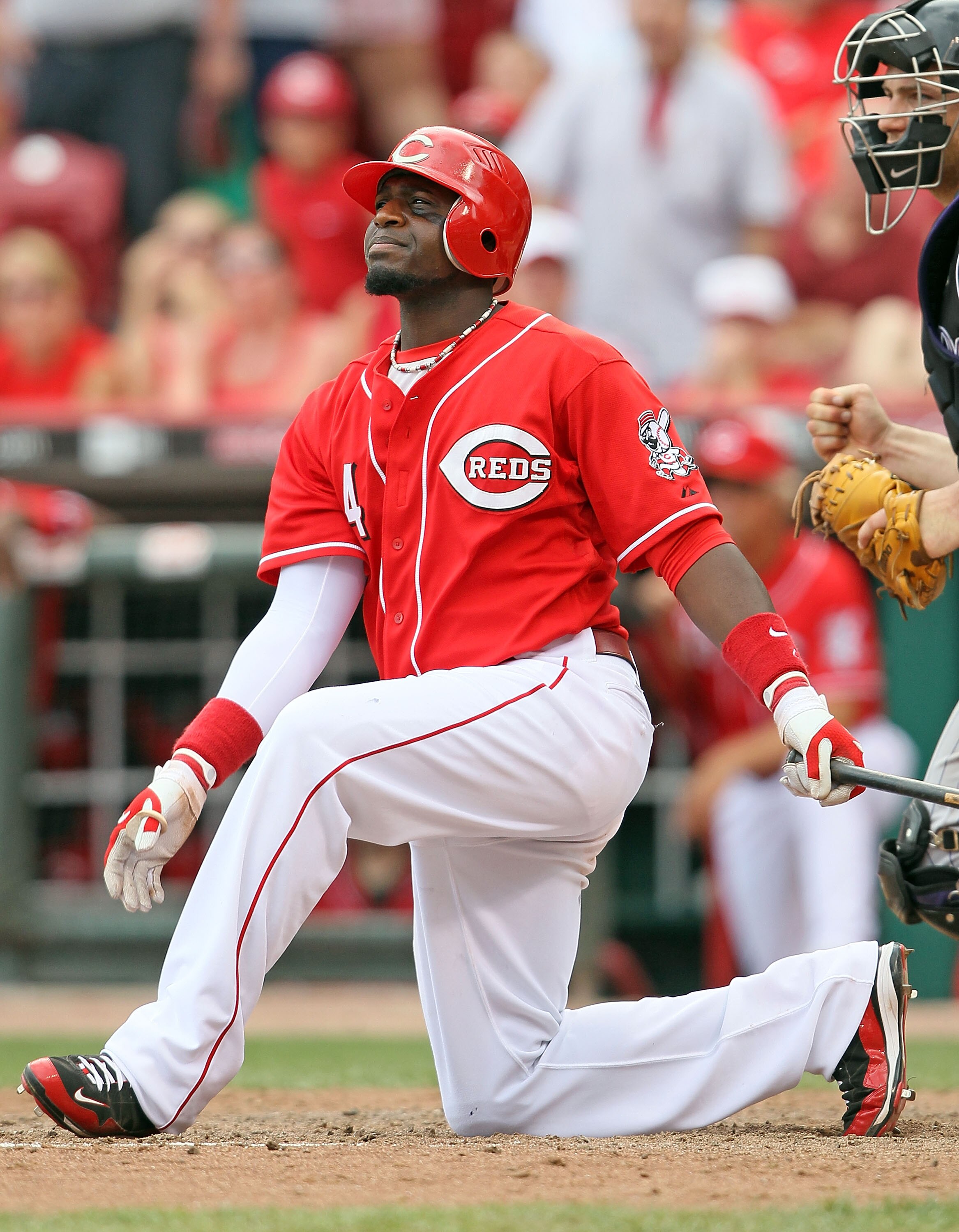 CINCINNATI - JULY 18:  Brandon Phillips #4 of the Cincinnati Reds strikes out to end the game against the Colorado Rockies at Great American Ball Park on July 18, 2010 in Cincinnati, Ohio. The Rockies won 1-0. (Photo by Andy Lyons/Getty Images)
