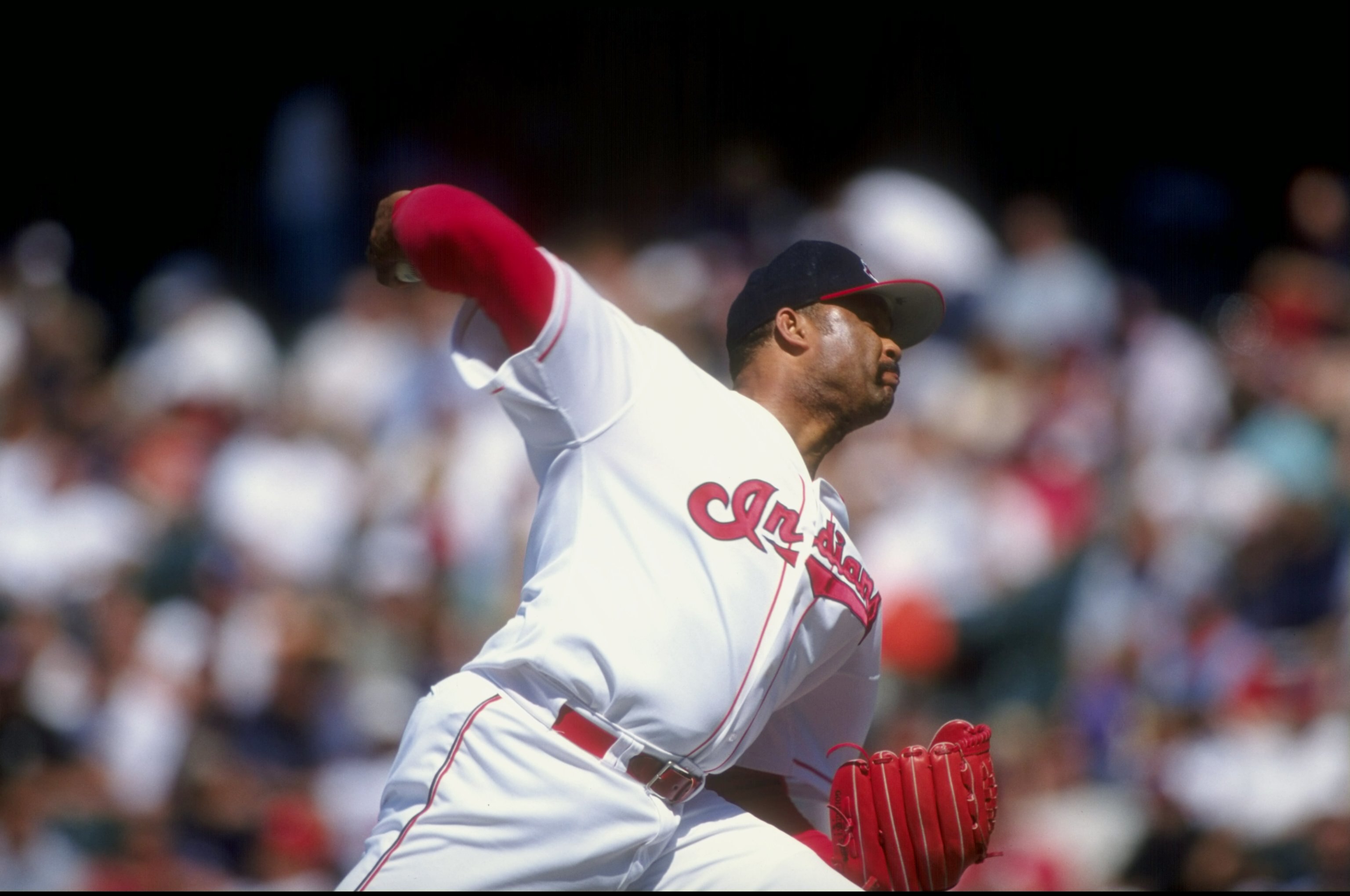 11 Jul 1998: Pitcher Jose Mesa #49 of the Cleveland Indians winds up for the pitch during the game against the Minnesota Twins at Jacobs Field in Cleveland, Ohio. The Indians defeated the Twins 12-2.
