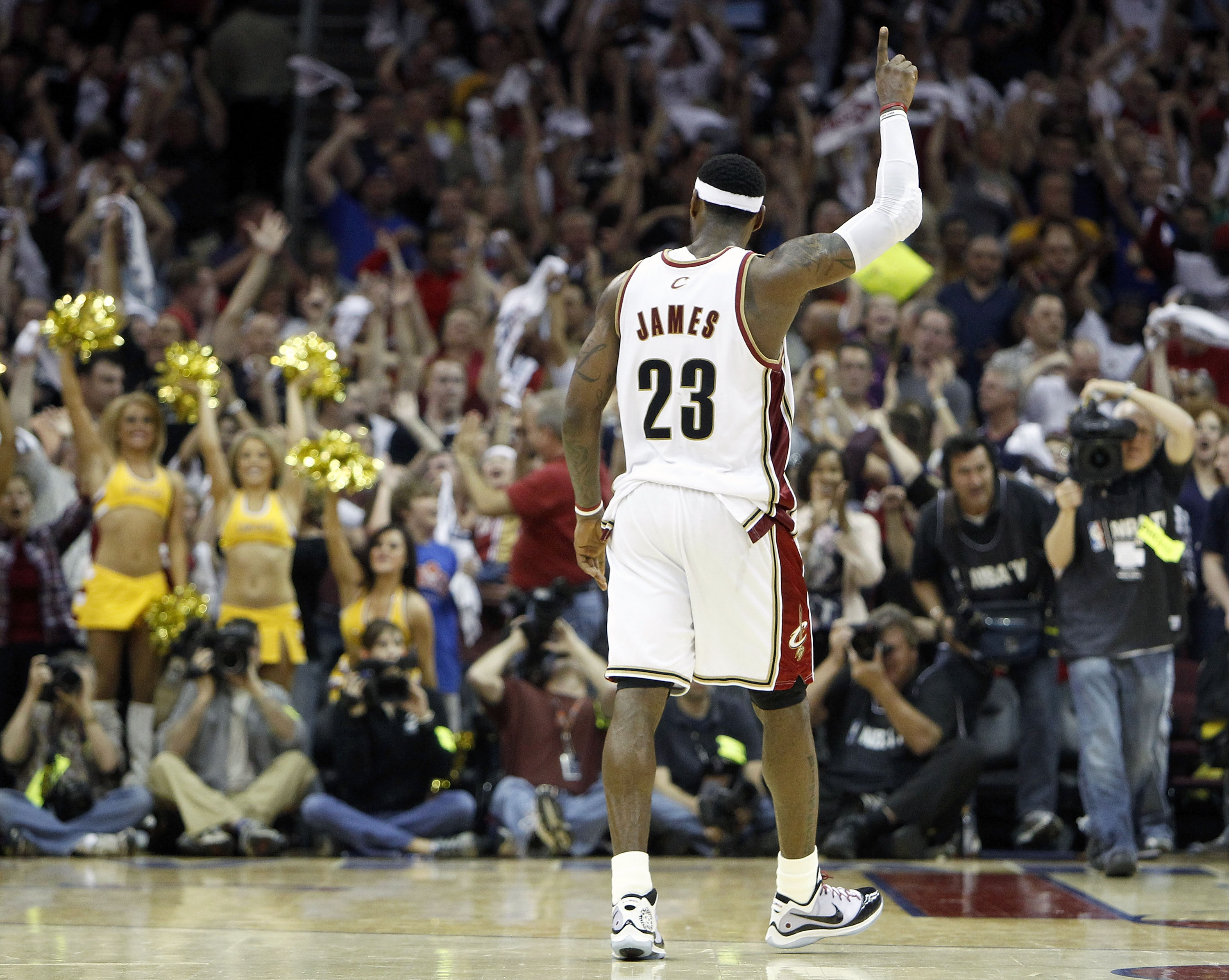 CLEVELAND - MAY 01: LeBron James #23 of the Cleveland Cavaliers reacts after beating the Boston Celtics 101-93 in Game One of the Eastern Conference Semifinals during the 2010 NBA Playoffs at Quicken Loans Arena on May 1, 2010 in Cleveland, Ohio.  NOTE TO