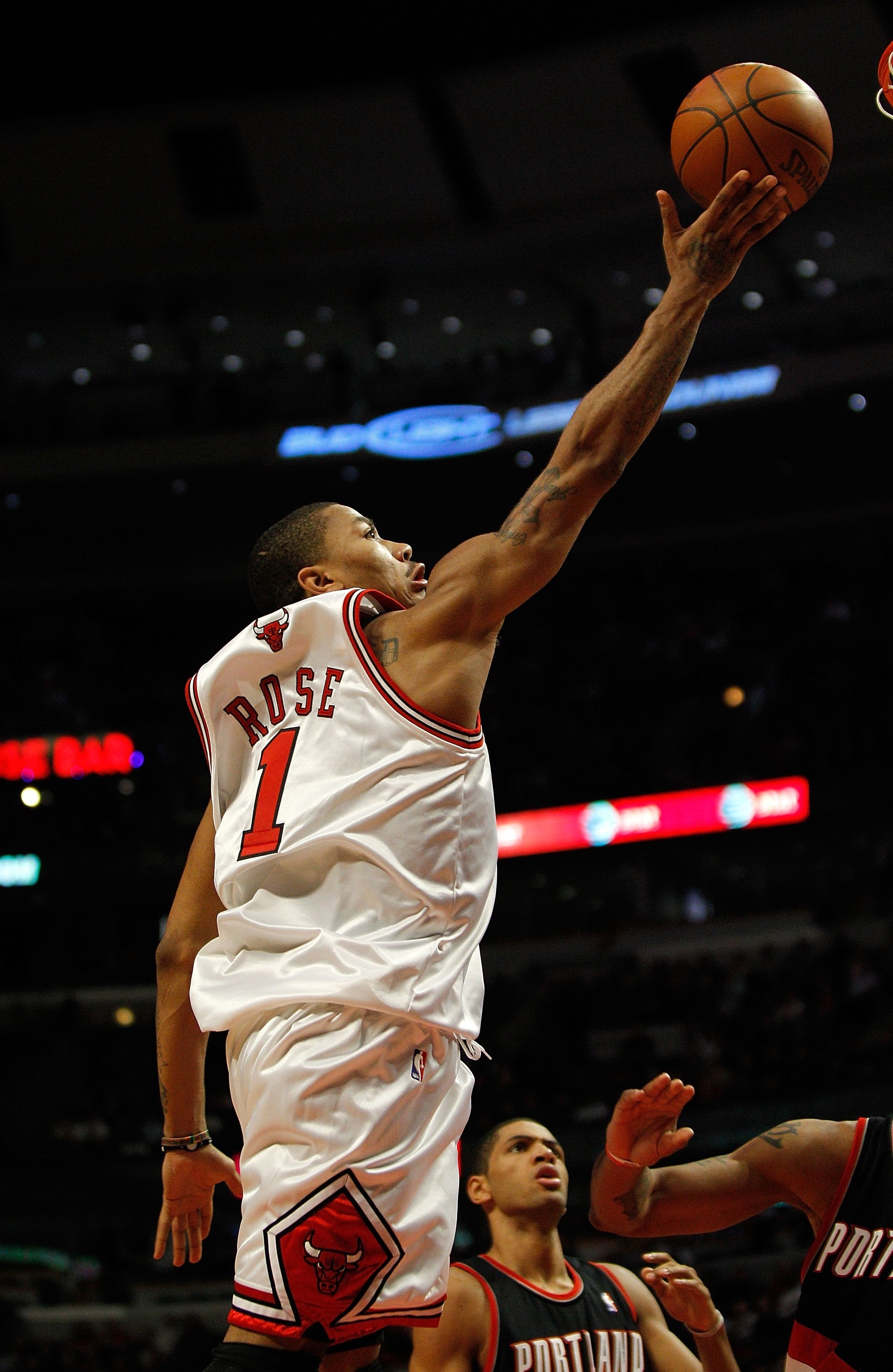 CHICAGO - FEBRUARY 26: Derrick Rose #1 of the Chicago Bulls puts up a shot against the Portland Trail Blazers at the United Center on February 26, 2010 in Chicago, Illinois. The Bulls defeated the Trail Blazers 115-111 in overtime. NOTE TO USER: User expr