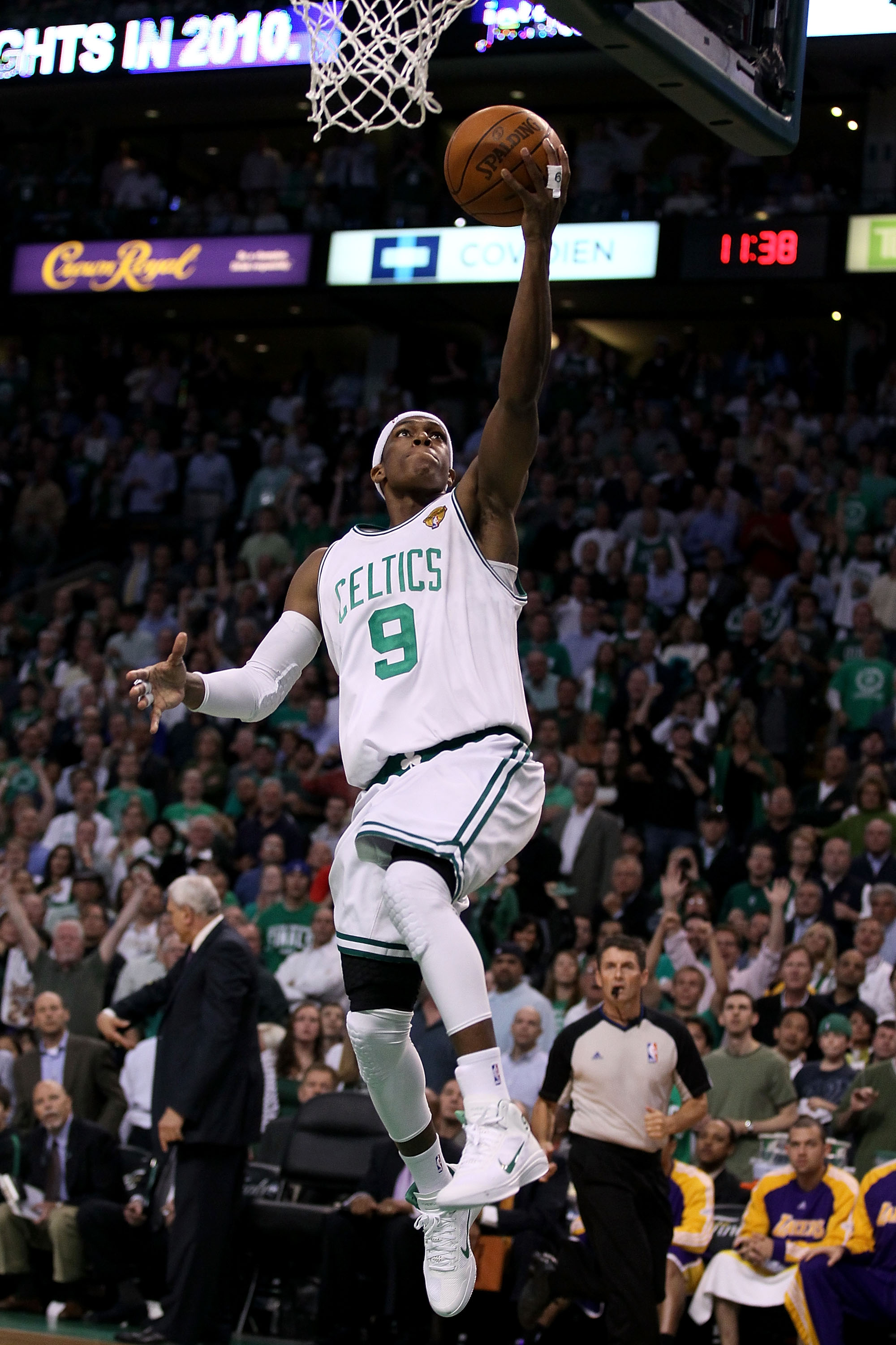 BOSTON - JUNE 10:  Rajon Rondo #9 of the Boston Celtics lays the ball up during Game Four of the 2010 NBA Finals against the Los Angeles Lakers on June 10, 2010 at TD Garden in Boston, Massachusetts. NOTE TO USER: User expressly acknowledges and agrees th