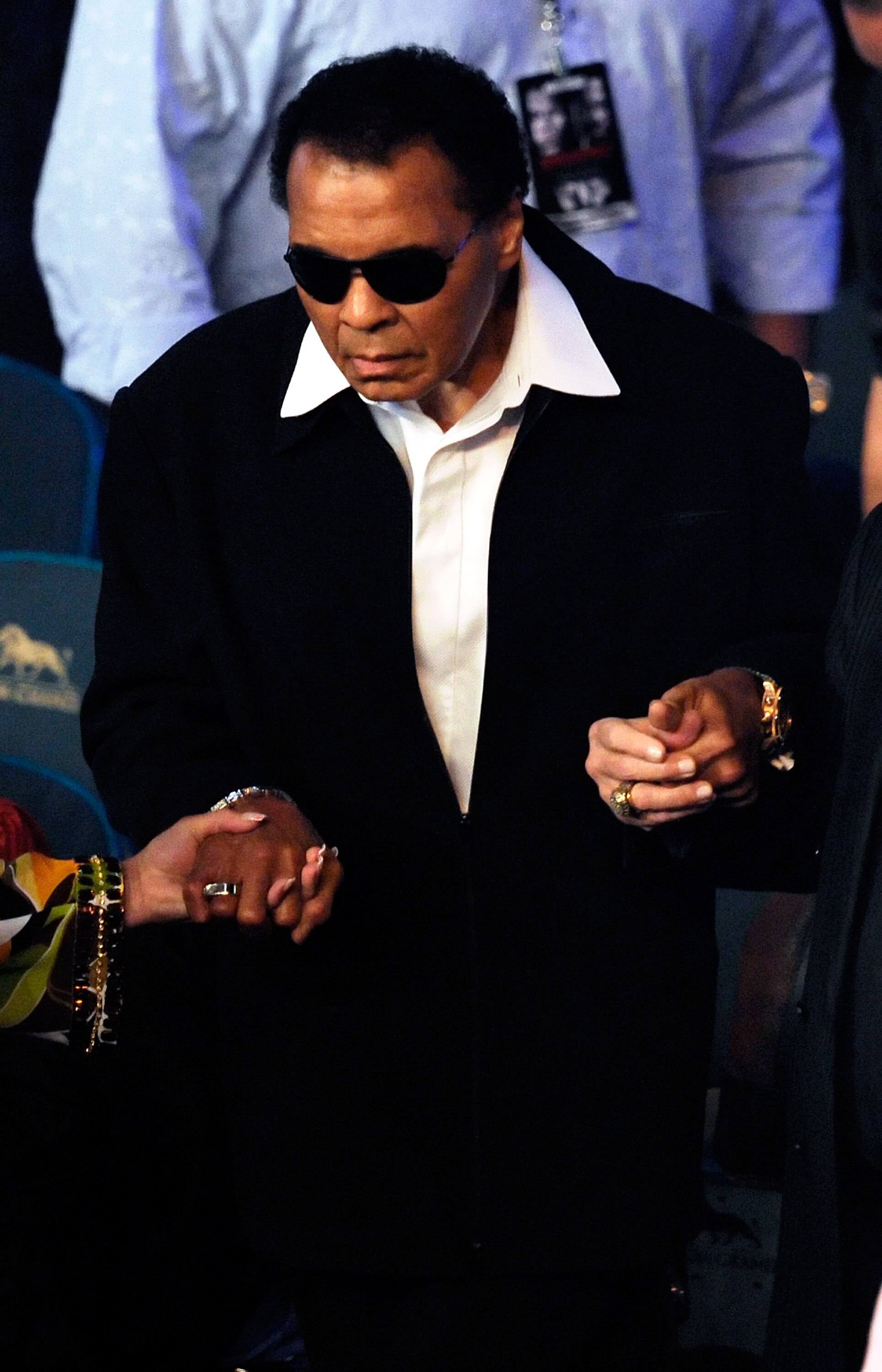 LAS VEGAS - MAY 01:  Boxing legend Muhammad Ali arrives at the Floyd Mayweather Jr. and Shane Mosley welterweight fight at the MGM Grand Garden Arena May 1, 2010 in Las Vegas, Nevada.  (Photo by Ethan Miller/Getty Images)