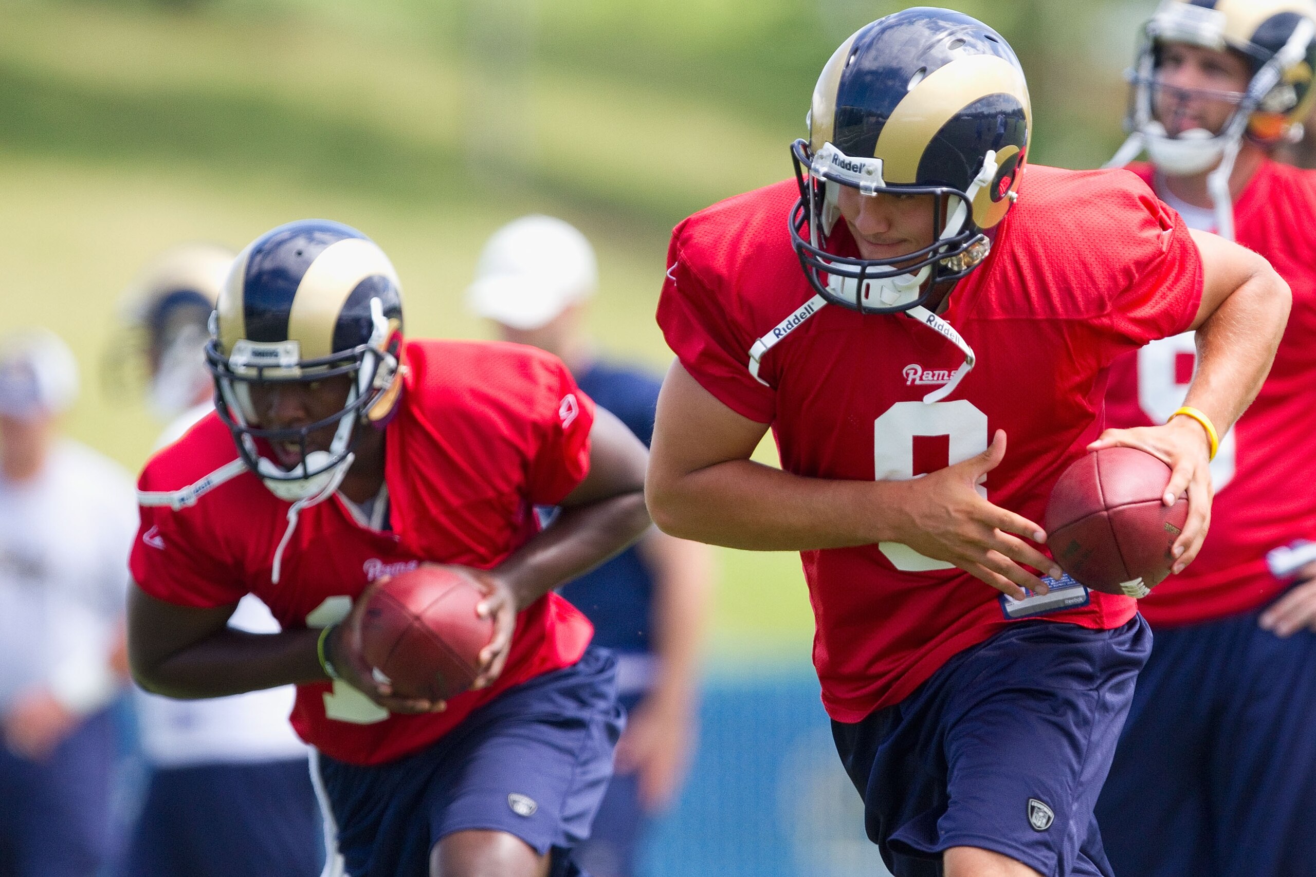EARTH CITY, MO - JULY 31: Sam Bradford #8 of the St. Louis Rams participates in quarterback drills during training camp at the Russell Athletic Training Facility on July 31, 2010 in Earth City, Missouri. (Photo by Dilip Vishwanat/Getty Images) EARTH CITY, MO - JULY 31: Sam Bradford #8 of the St. Louis Rams participates in quarterback drills during training camp at the Russell Athletic Training Facility on July 31, 2010 in Earth City, Missouri. (Photo by Dilip Vishwanat/Getty Images)