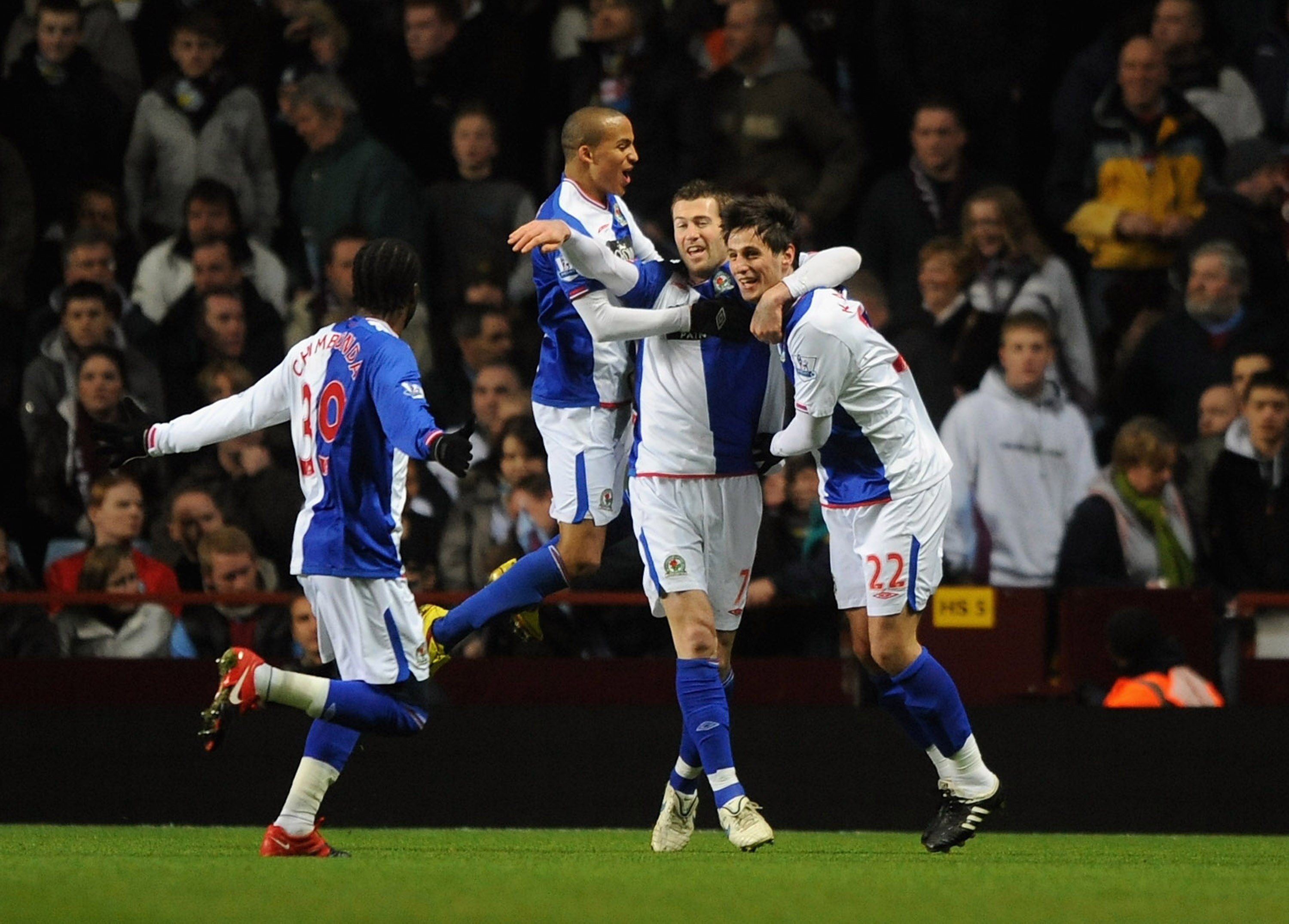 BIRMINGHAM, ENGLAND - JANUARY 20: Nicola Kalinic of Blackburn is congratulated on scoring the first goal by Brett Emerton and Martin Olsson during the Carling Cup Semi Final 2nd Leg match between Aston Villa and Blackburn Rovers at Villa Park on January 2
