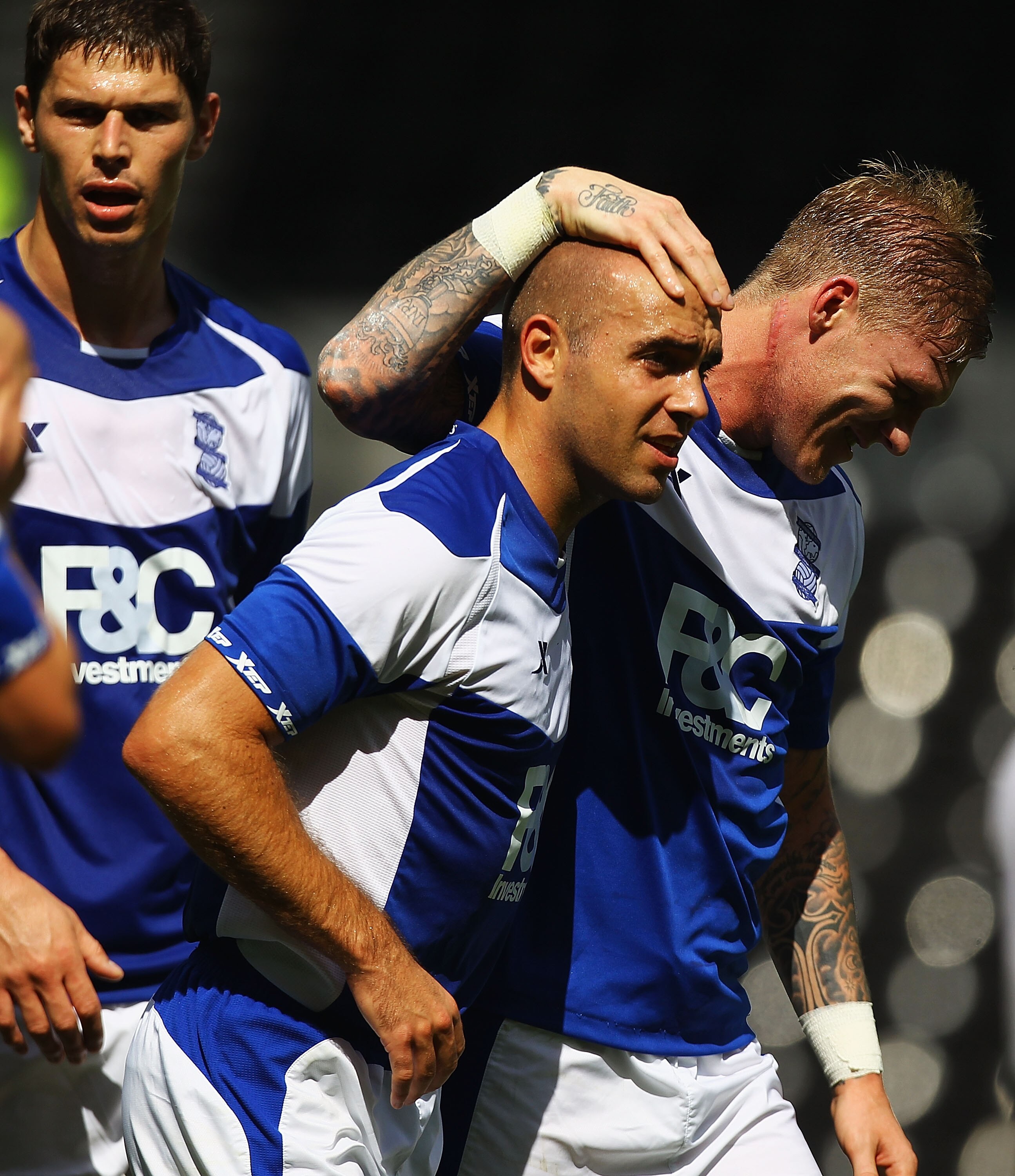 DERBY, ENGLAND - JULY 31:  David Murphy of Birmingham City is congratulated on his goal by Garry O'Connor during the Pre-Season Friendly match between Derby County and Birmingham City at the County Ground on July 31, 2010 in Derby, England.  (Photo by Mat