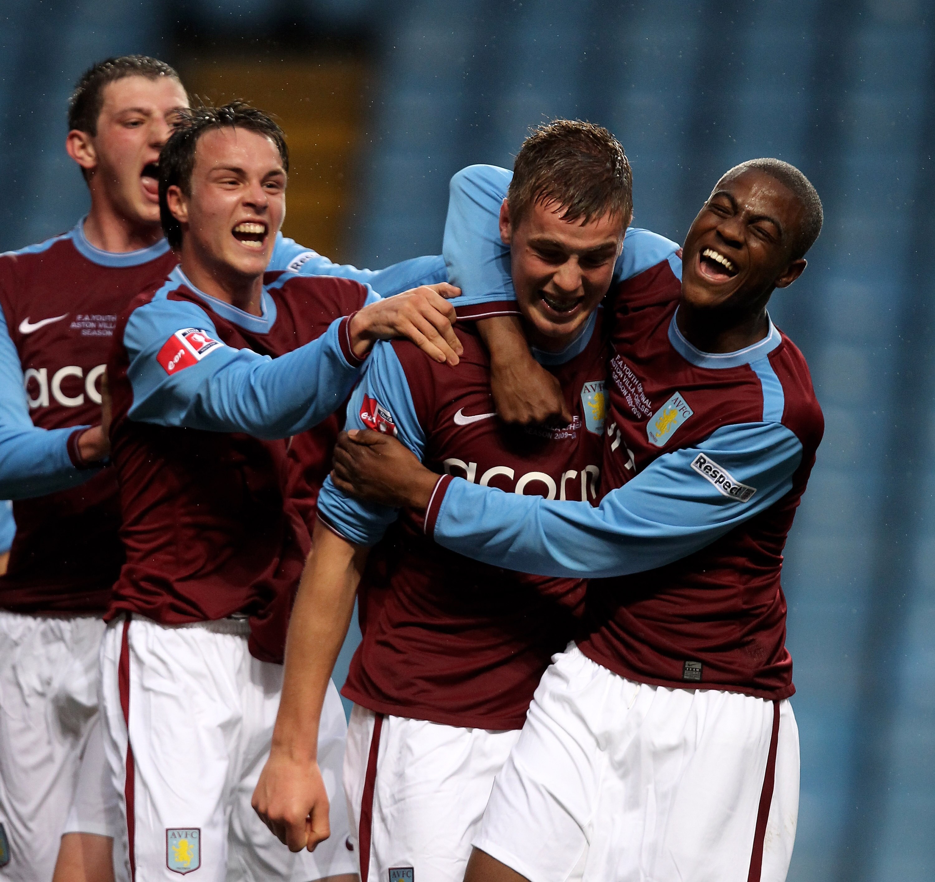 BIRMINGHAM, ENGLAND - APRIL 29:  Daniel Devine of Aston Villa celebrates with team mate Ebby Nelson-Addy (R) after scoring the first goal during the FA Youth Cup Final 1st leg between Aston Villa and Chelsea at Villa Park on April 29, 2010 in Birmingham,