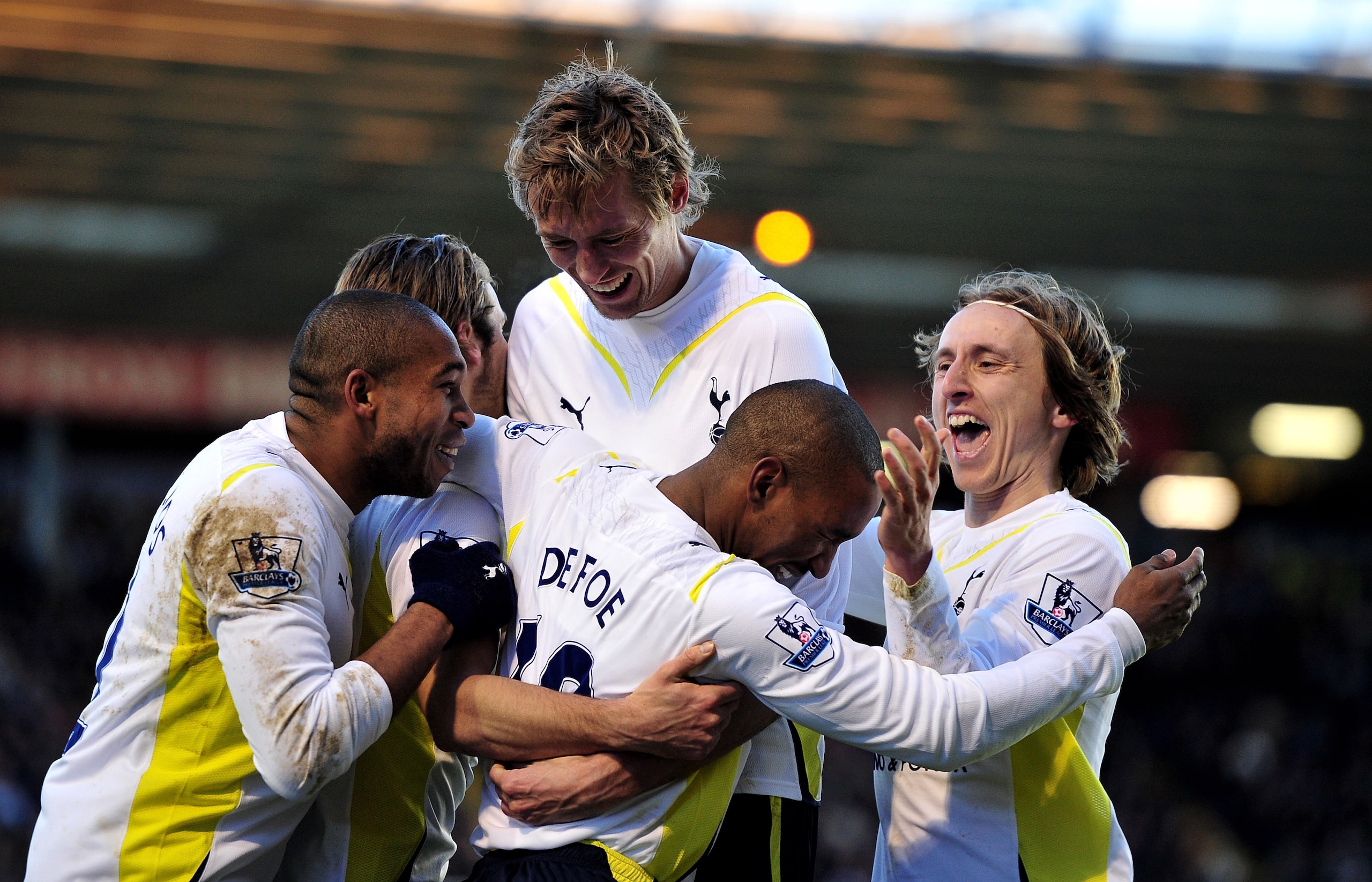 BIRMINGHAM, ENGLAND - JANUARY 30:  Jermain Defoe of Tottenham celebrates his goal with teammates during the Barclays Premier League match between Birmingham City and Tottenham Hotspur at St. Andrews Stadium on January 30, 2010 in Birmingham, England.  (Ph