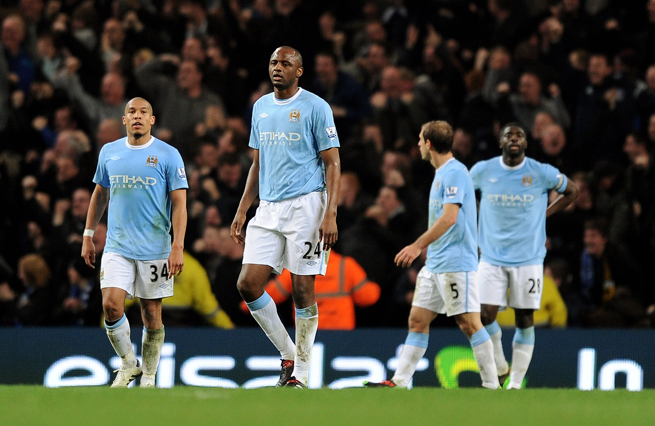 MANCHESTER, ENGLAND - MARCH 24: Patrick Viera of Manchester City looks dejected after the 2nd Everton goal during the Barclays Premiership match between Manchester City and Everton at the City of Manchester Stadium on March 24, 2010 in Manchester, England