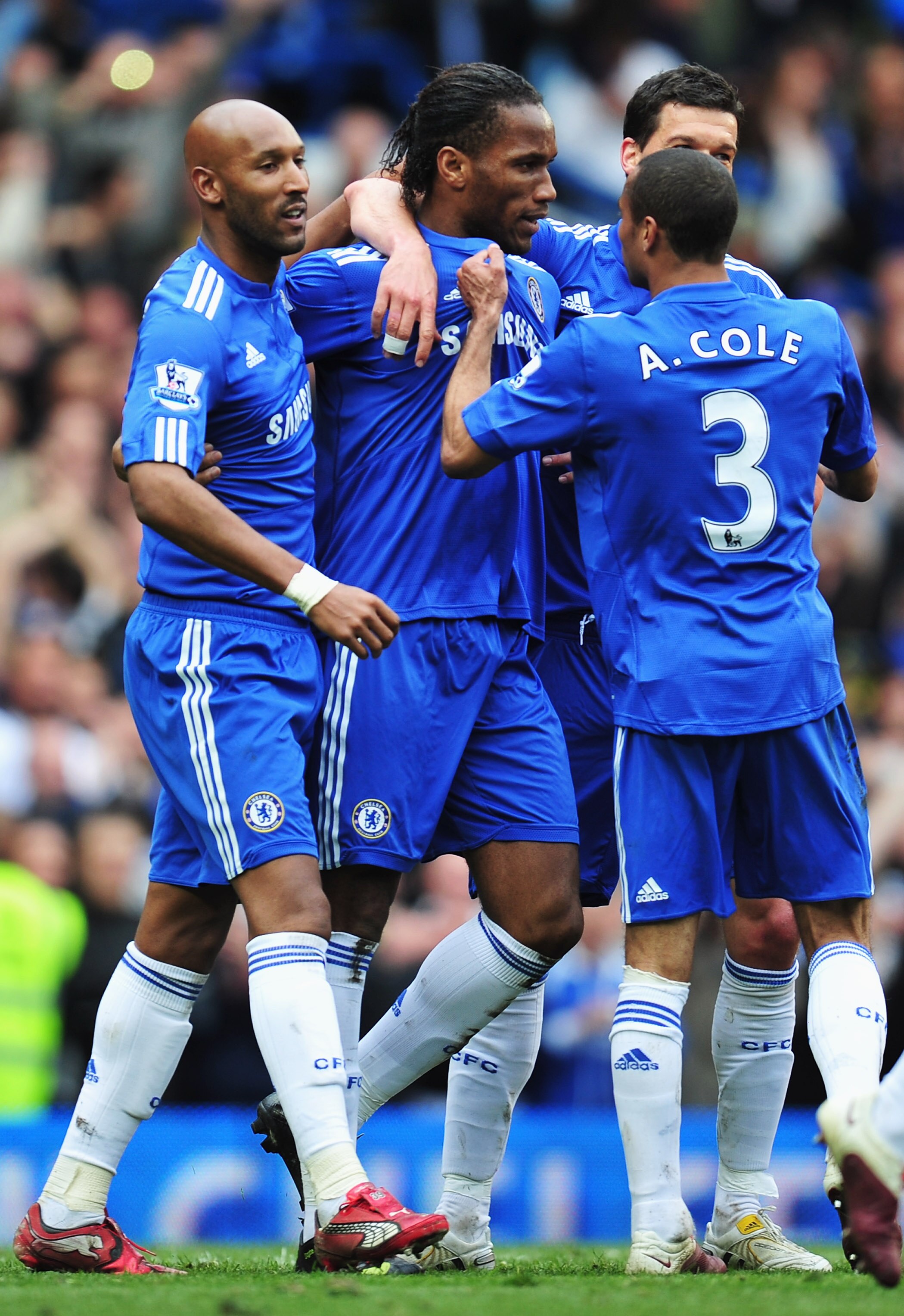 LONDON, ENGLAND - MAY 09:  Didier Drogba of Chelsea (2L) celebrates with teamm mates as he scores their sixth goal during the Barclays Premier League match between Chelsea and Wigan Athletic at Stamford Bridge on May 9, 2010 in London, England.  (Photo by