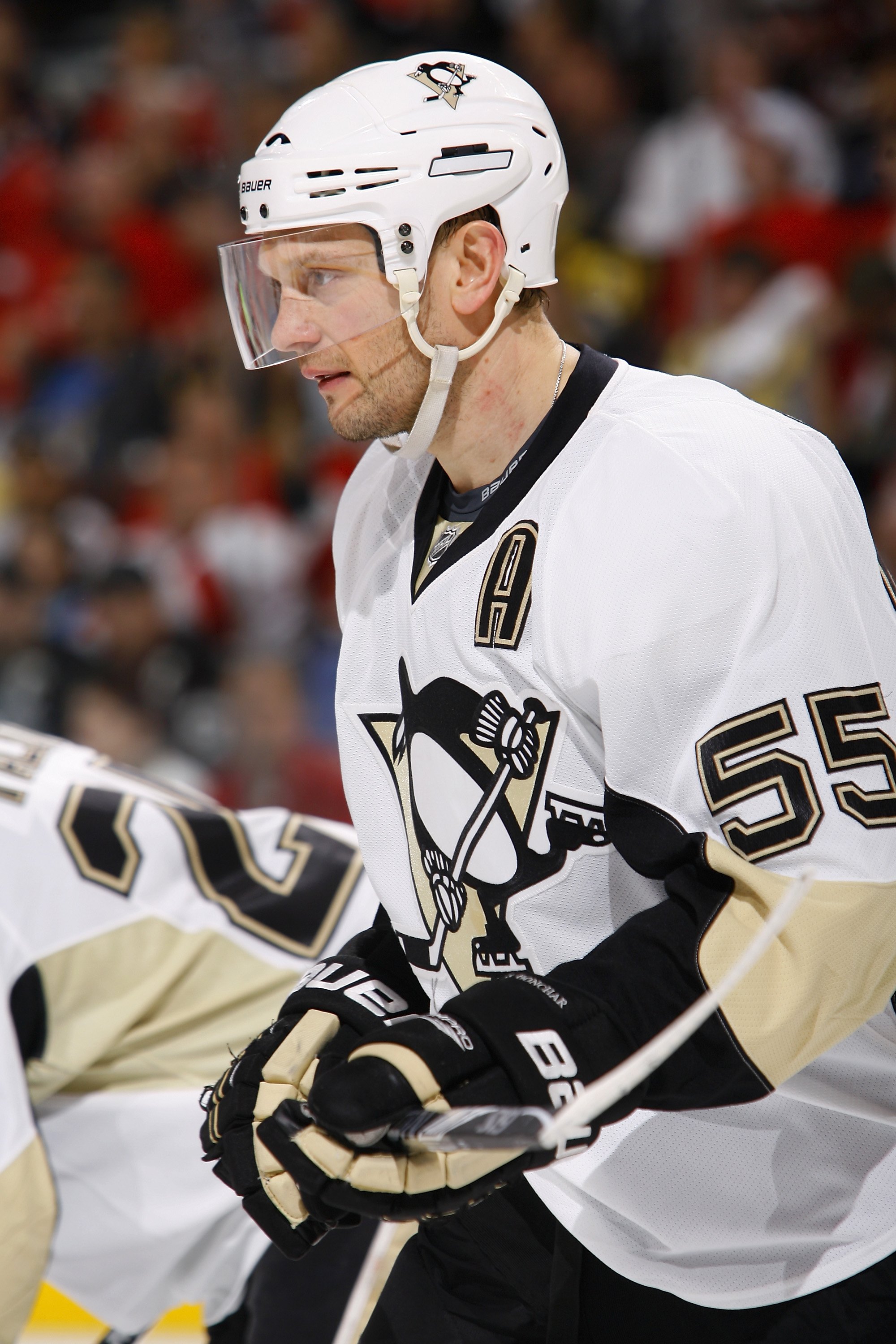 OTTAWA, ON - APRIL 20: Sergei Gonchar #55 of the Pittsburgh Penguins gets set for play against the Ottawa Senators in Game 4 of the Eastern Conference Quaterfinals during the 2010 Stanley Cup Playoffs at Scotiabank Place on April 20, 2010 in Ottawa, Cana OTTAWA, ON - APRIL 20: Sergei Gonchar #55 of the Pittsburgh Penguins gets set for play against the Ottawa Senators in Game 4 of the Eastern Conference Quaterfinals during the 2010 Stanley Cup Playoffs at Scotiabank Place on April 20, 2010 in Ottawa, Cana