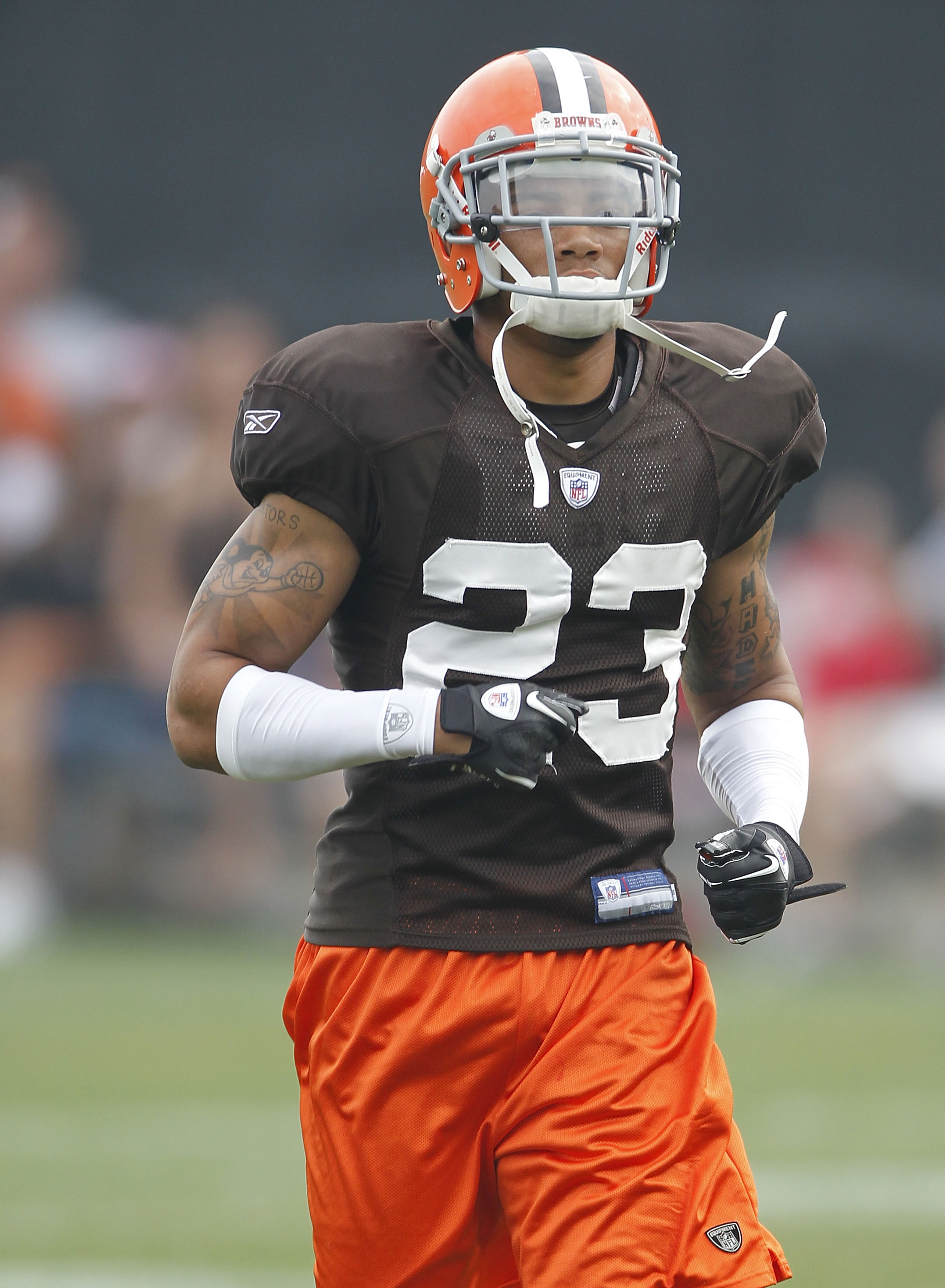 BEREA, OH - AUGUST 04:  Joe Haden #23 of the Cleveland Browns runs to a drill during training camp at the Cleveland Browns Training and Administrative Complex on August 4, 2010 in Berea, Ohio.  (Photo by Gregory Shamus/Getty Images)