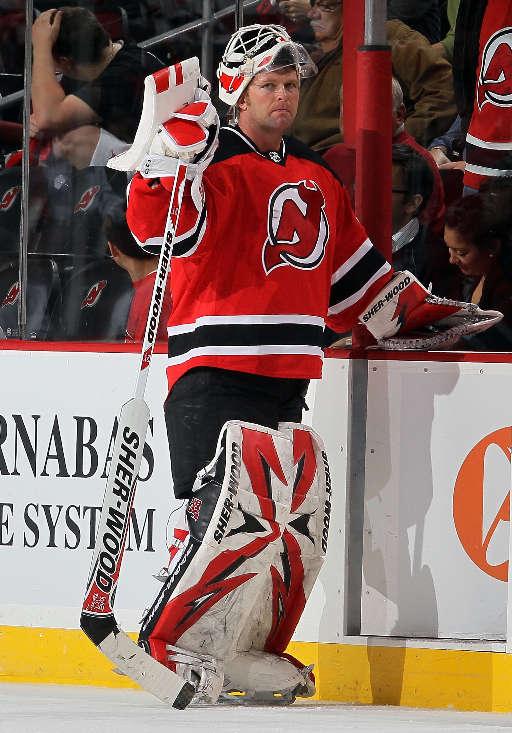NEWARK, NJ - APRIL 22: Martin Brodeur #30 of the New Jersey Devils defends against the Philadelphia Flyers in Game 5 of the Eastern Conference Quarterfinals during the 2010 NHL Stanley Cup Playoffs at the Prudential Center at on April 22, 2010 in Newark, NEWARK, NJ - APRIL 22: Martin Brodeur #30 of the New Jersey Devils defends against the Philadelphia Flyers in Game 5 of the Eastern Conference Quarterfinals during the 2010 NHL Stanley Cup Playoffs at the Prudential Center at on April 22, 2010 in Newark,