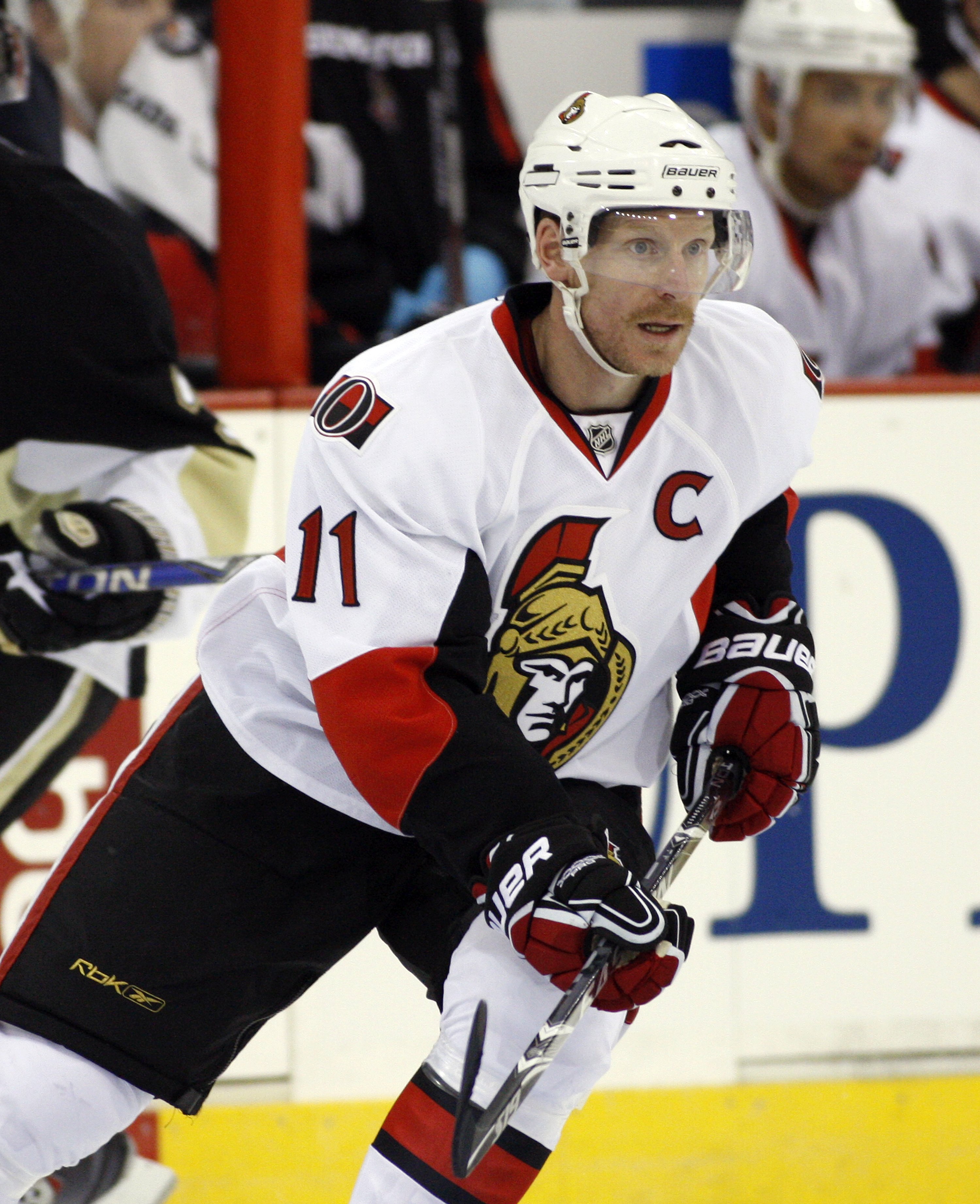 PITTSBURGH - APRIL 22: Daniel Alfredsson #11 of the Ottawa Senators skates against the Pittsburgh Penguins in Game Five of the Eastern Conference Quarterfinals during the 2010 NHL Stanley Cup Playoffs at Mellon Arena on April 22, 2010 in Pittsburgh, Penn PITTSBURGH - APRIL 22: Daniel Alfredsson #11 of the Ottawa Senators skates against the Pittsburgh Penguins in Game Five of the Eastern Conference Quarterfinals during the 2010 NHL Stanley Cup Playoffs at Mellon Arena on April 22, 2010 in Pittsburgh, Penn