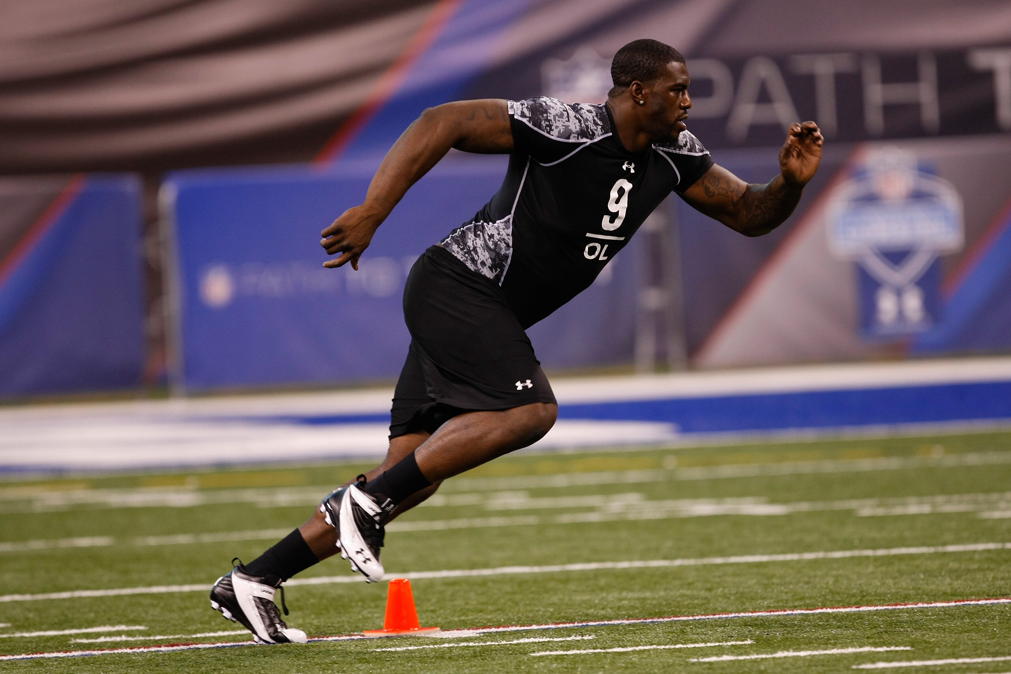INDIANAPOLIS, IN - FEBRUARY 27: Offensive lineman Bruce Campbell of Maryland runs during practice drills during the NFL Scouting Combine presented by Under Armour at Lucas Oil Stadium on February 27, 2010 in Indianapolis, Indiana. (Photo by Scott Boehm/Ge