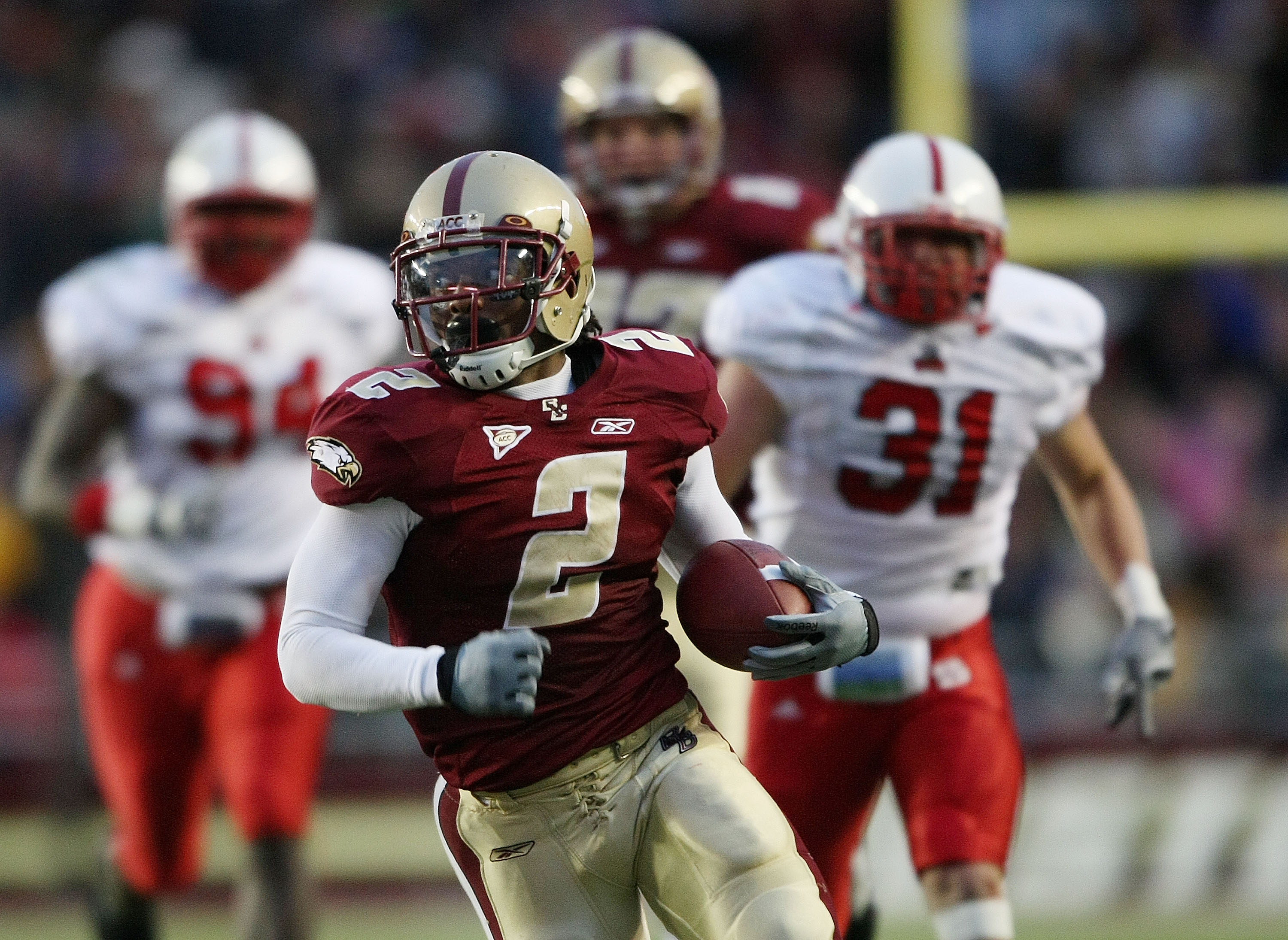CHESTNUT HILL, MA - OCTOBER 17:  Montel Harris #2 of the Boston College Eagles carries the ball in for a touchdown in the third quarter against the North Carolina State Wolfpack on October 17, 2009 at Alumni Stadium in Chestnut Hill, Massachusetts.The Eag