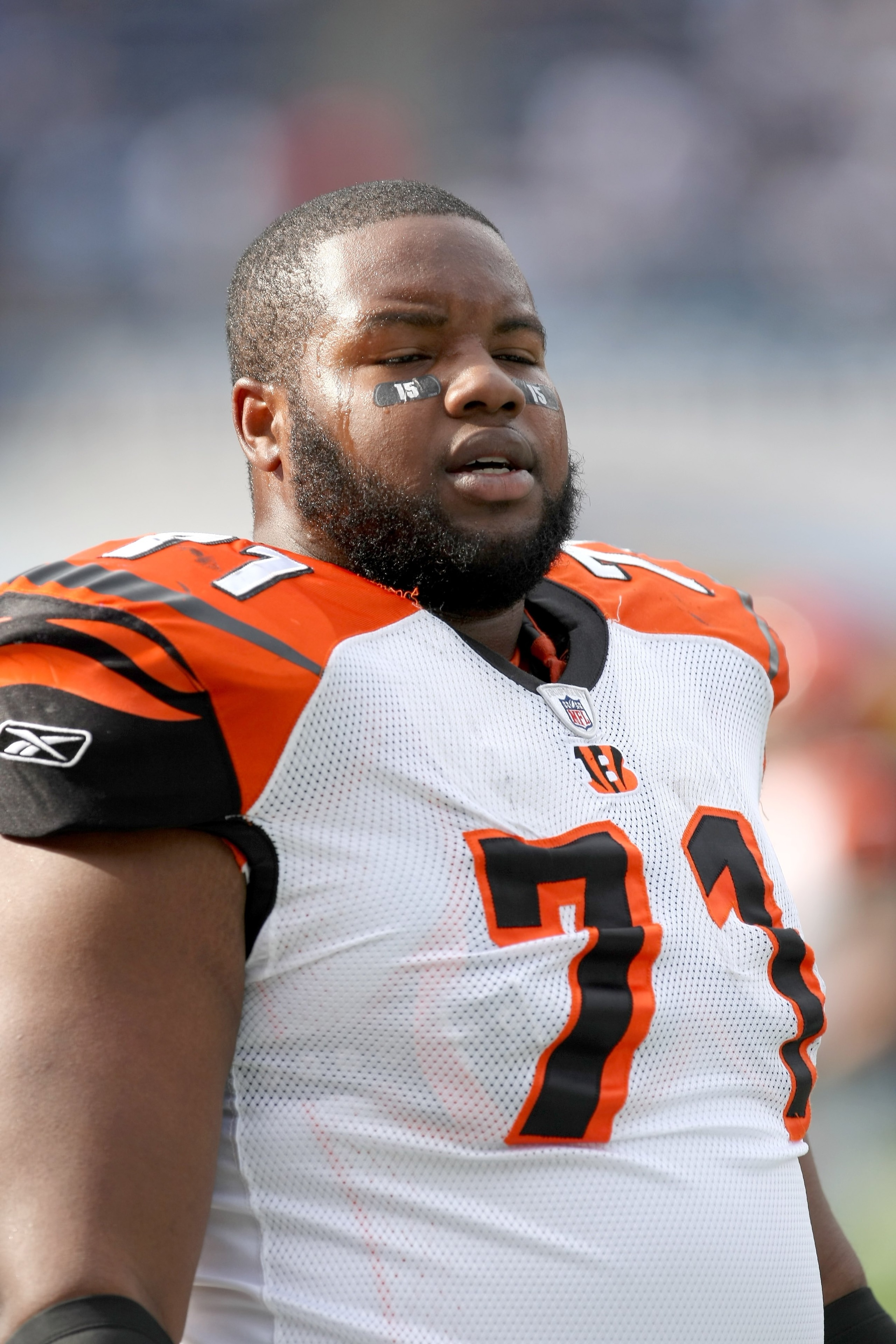 SAN DIEGO - DECEMBER 20:  Tackle Andre Smith #71 of the Cincinnati Bengals on the field in warmups against the San Diego Chargers on December 20, 2009 at Qualcomm Stadium in San Diego, California.  The Chargers won 27-24.  (Photo by Stephen Dunn/Getty Ima