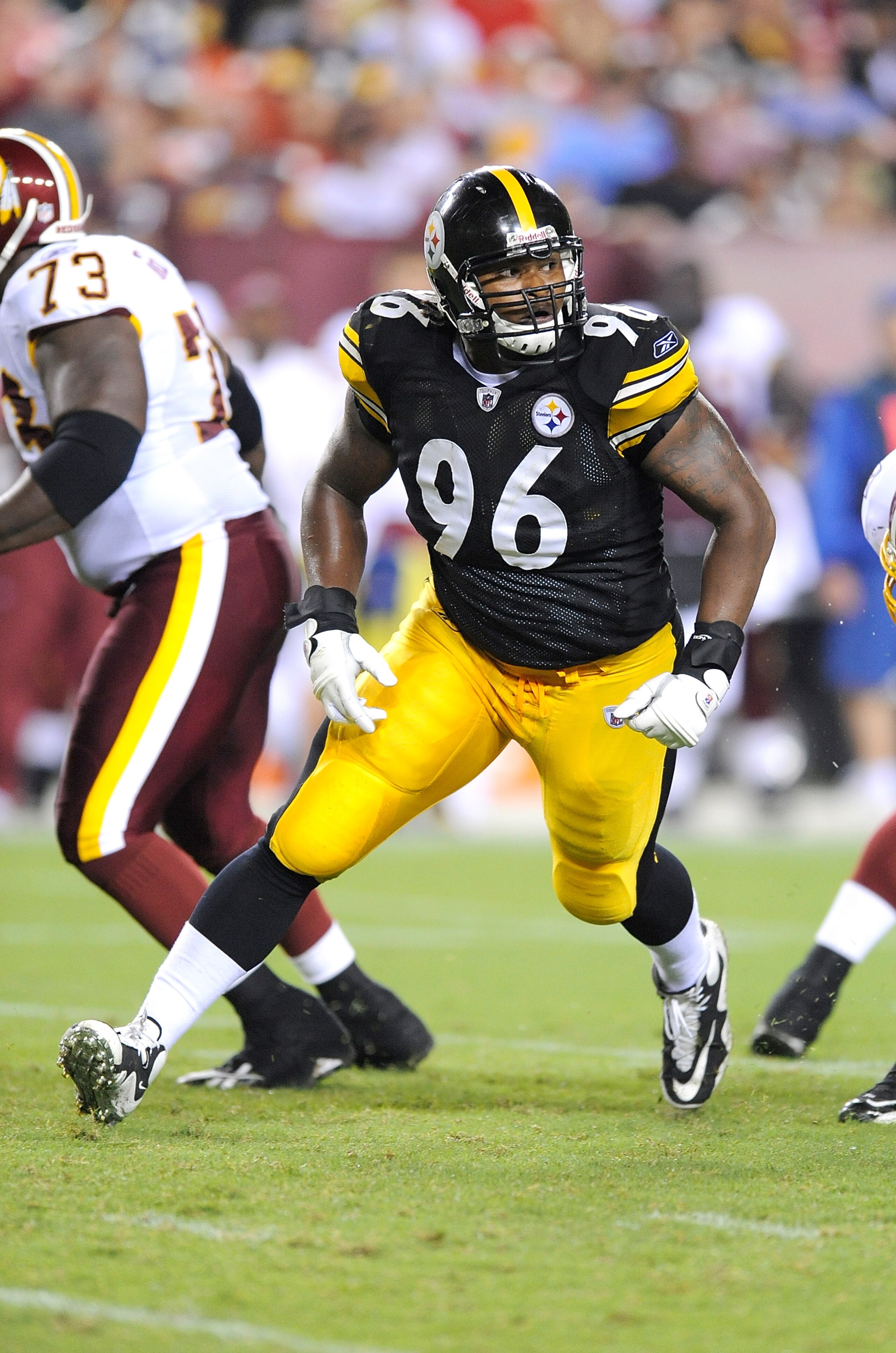 LANDOVER, MD - AUGUST 22:  Ziggy Hood #96 of the Pittsburgh Steelers rushes the quarterback during the game against the Washington Redskins at Fed Ex Field on August 22, 2009 in Landover, Maryland.  (Photo by Greg Fiume/Getty Images)