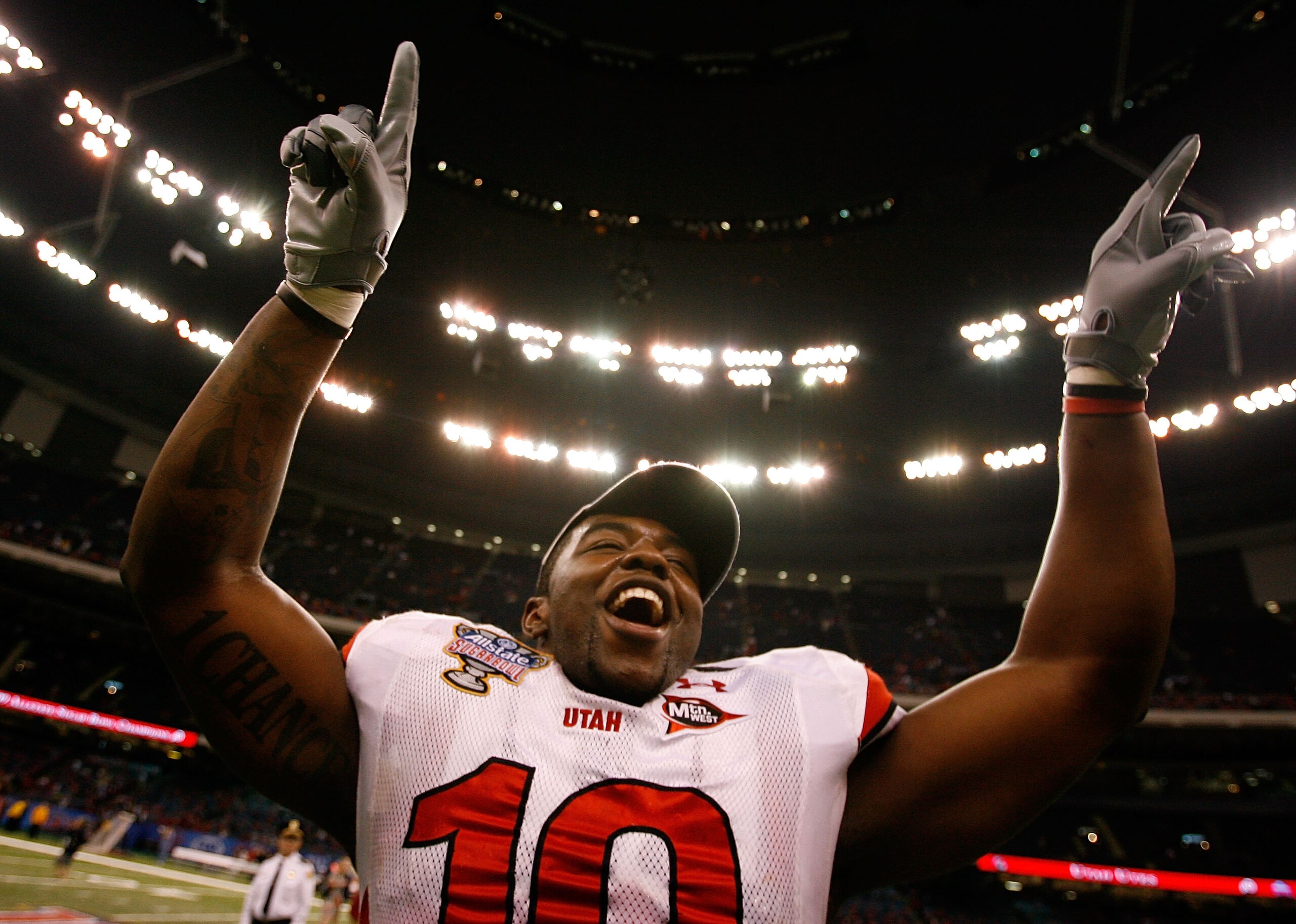 NEW ORLEANS - JANUARY 02:  Linebacker Stevenson Sylvester #10 of the Utah Utes celebrates after defeating the Alabama Crimson Tide 31-17 during the 75th Allstate Sugar Bowl at the Louisiana Superdome on January 2, 2009 in New Orleans, Louisiana.  (Photo b