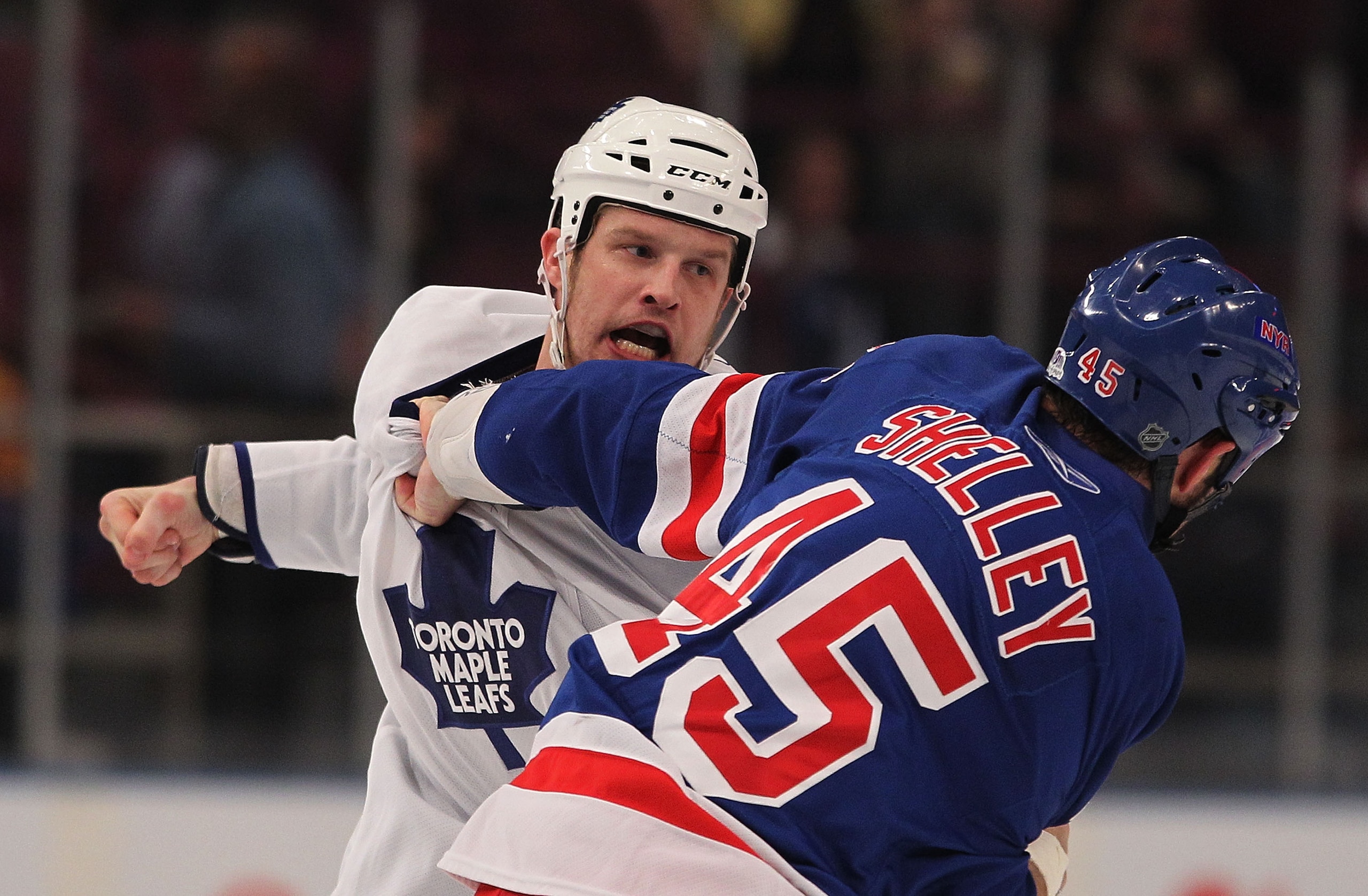 NEW YORK - APRIL 07: Colton Orr #28 of the Toronto Maple Leafs and Jody Shelley #45 of the New York Rangers engage in a first-period fight at Madison Square Garden on April 7, 2010 in New York City. (Photo by Bruce Bennett/Getty Images) NEW YORK - APRIL 07: Colton Orr #28 of the Toronto Maple Leafs and Jody Shelley #45 of the New York Rangers engage in a first-period fight at Madison Square Garden on April 7, 2010 in New York City. (Photo by Bruce Bennett/Getty Images)