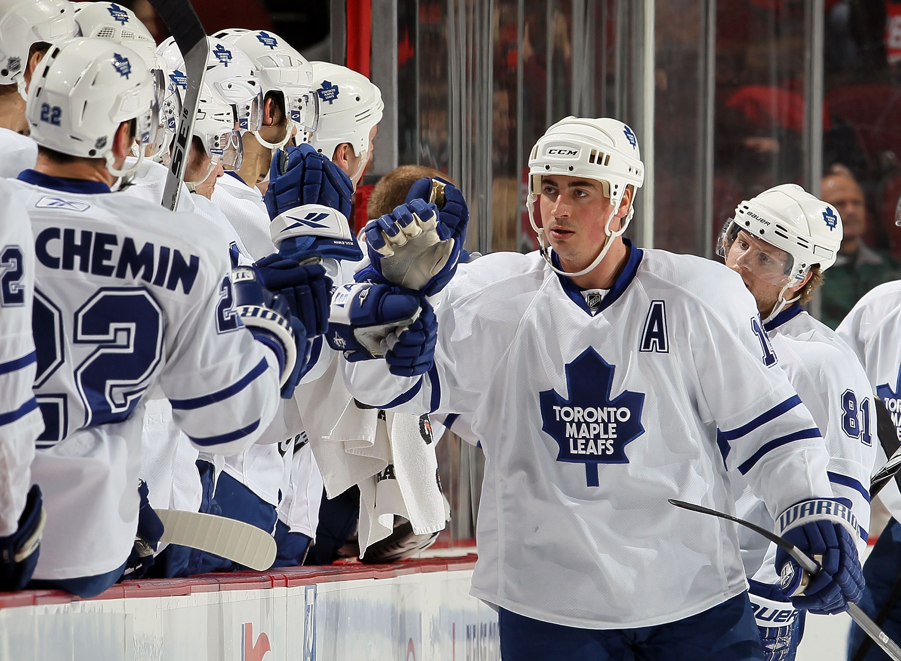 NEWARK, NJ - FEBRUARY 05:  Tomas Kaberle #15 of the Toronto Maple Leafs celebrates his second period goal against the New Jersey Devils at the Prudential Center on February 5, 2010 in Newark, New Jersey.  (Photo by Jim McIsaac/Getty Images)