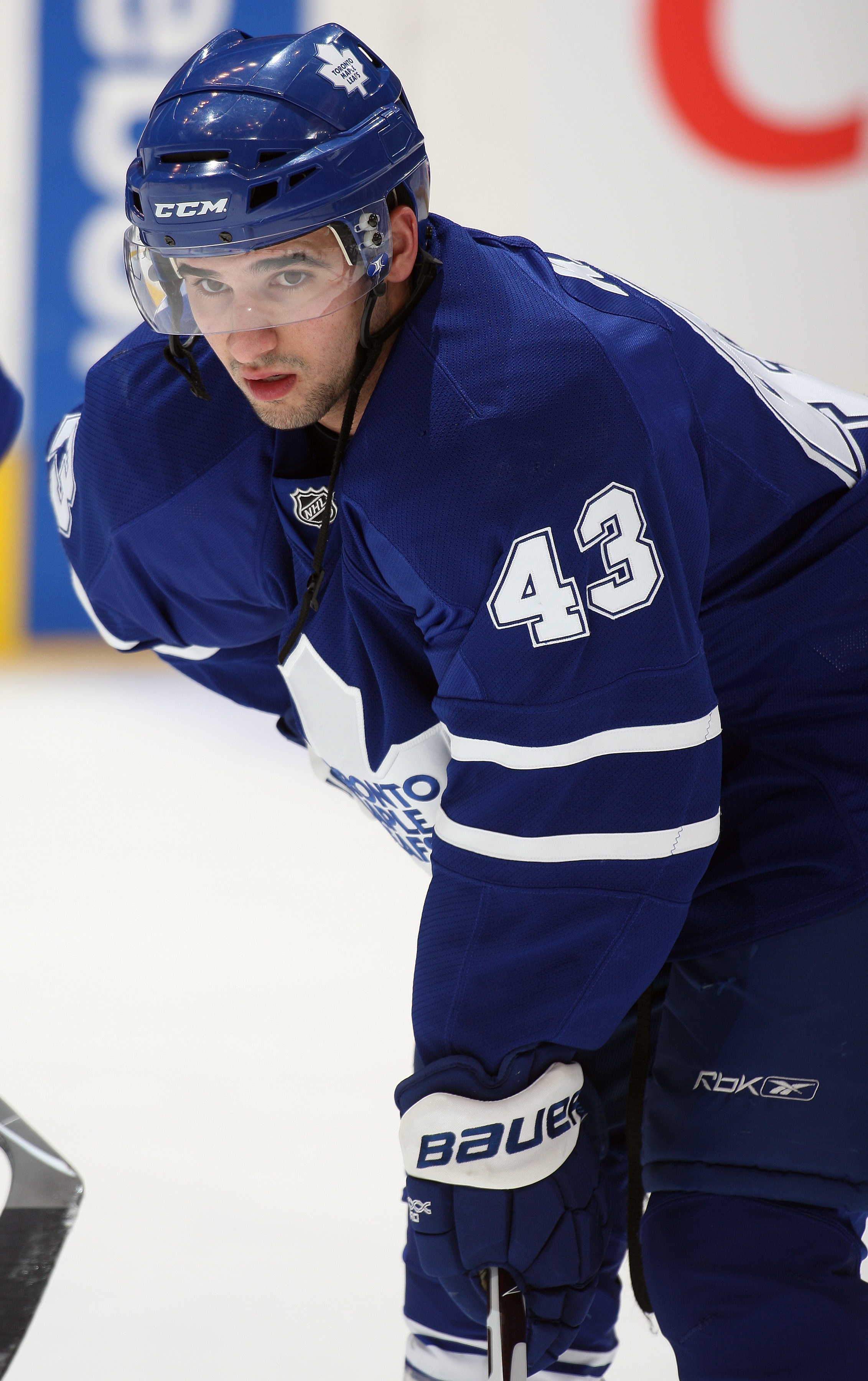 TORONTO, ON - FEBRUARY 8:  Nazem Kadri #43 of the Toronto Maple Leafs skates in the pre-game warm-up prior to a game against the San Jose Sharks on February 8, 2010 at the Air Canada Centre in Toronto, Ontario. (Photo by Claus Andersen/Getty Images)