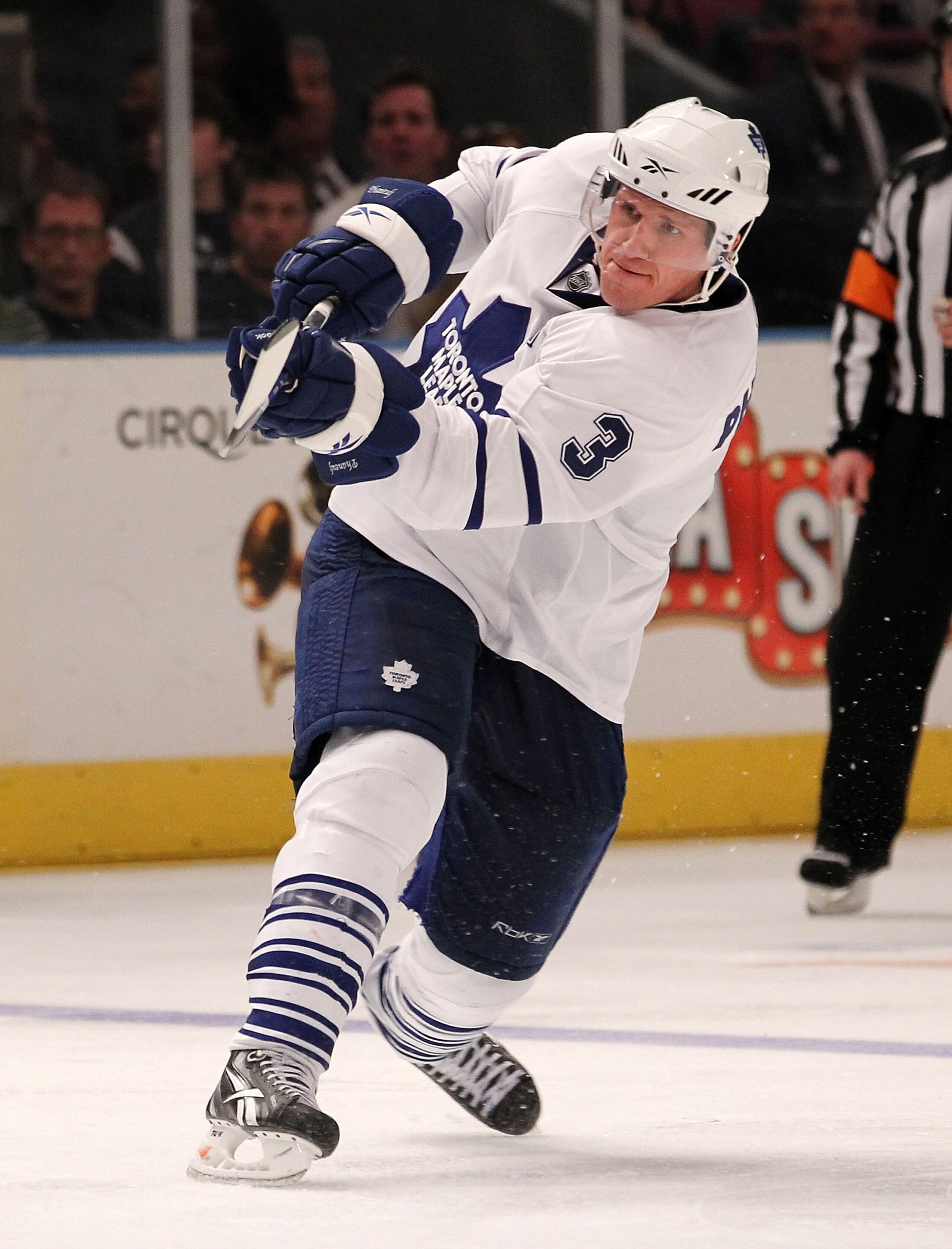 NEW YORK - APRIL 07: Dion Phaneuf #3 of the Toronto Maple Leafs scores his first goal as a Leaf in his game against the New York Rangers at Madison Square Garden on April 7, 2010 in New York City. The Rangers defeated the Maple Leafs 5-1. (Photo by Bruc NEW YORK - APRIL 07: Dion Phaneuf #3 of the Toronto Maple Leafs scores his first goal as a Leaf in his game against the New York Rangers at Madison Square Garden on April 7, 2010 in New York City. The Rangers defeated the Maple Leafs 5-1. (Photo by Bruc