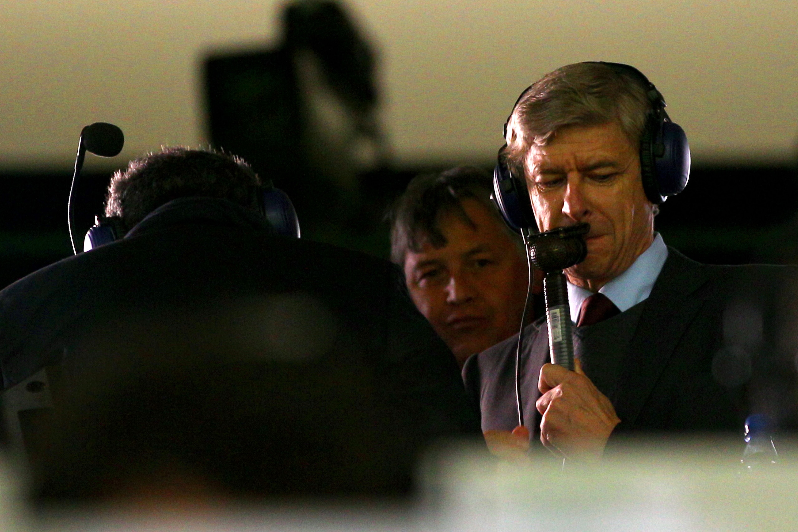 CAPE TOWN, SOUTH AFRICA - JULY 06: Arsenal manager Arsene Wenger is pictured in a commentary position during the 2010 FIFA World Cup South Africa Semi Final match between Uruguay and the Netherlands at Green Point Stadium on July 6, 2010 in Cape Town, Sou
