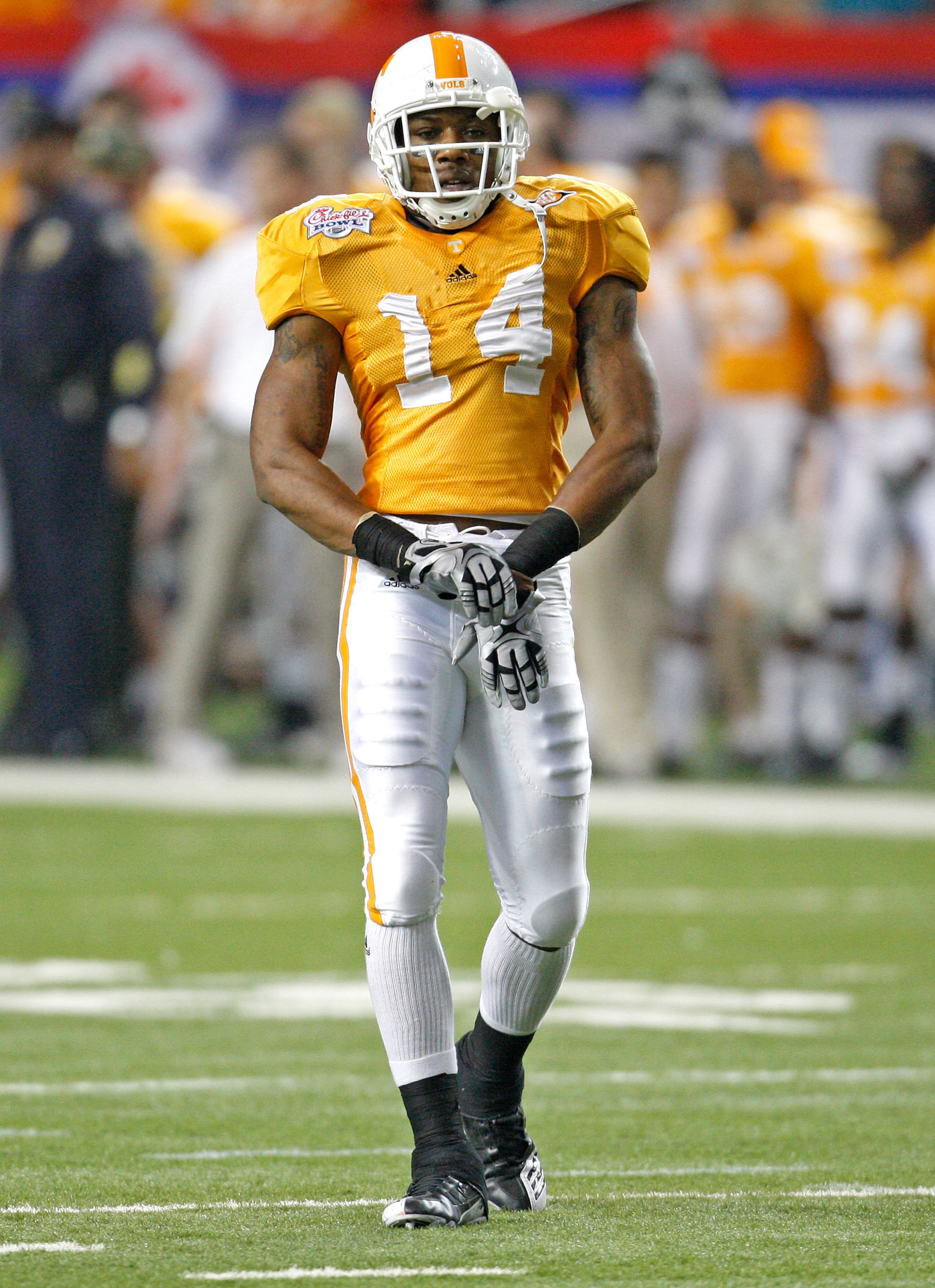 ATLANTA - DECEMBER 31:  Safety Eric Berry #14 of the Tennessee Volunteers takes a breather during the Chick-Fil-A Bowl against the Virginia Tech Hokies at the Georgia Dome on December 31, 2009 in Atlanta, Georgia.  The Hokies beat the Volunteers 37-14.  (