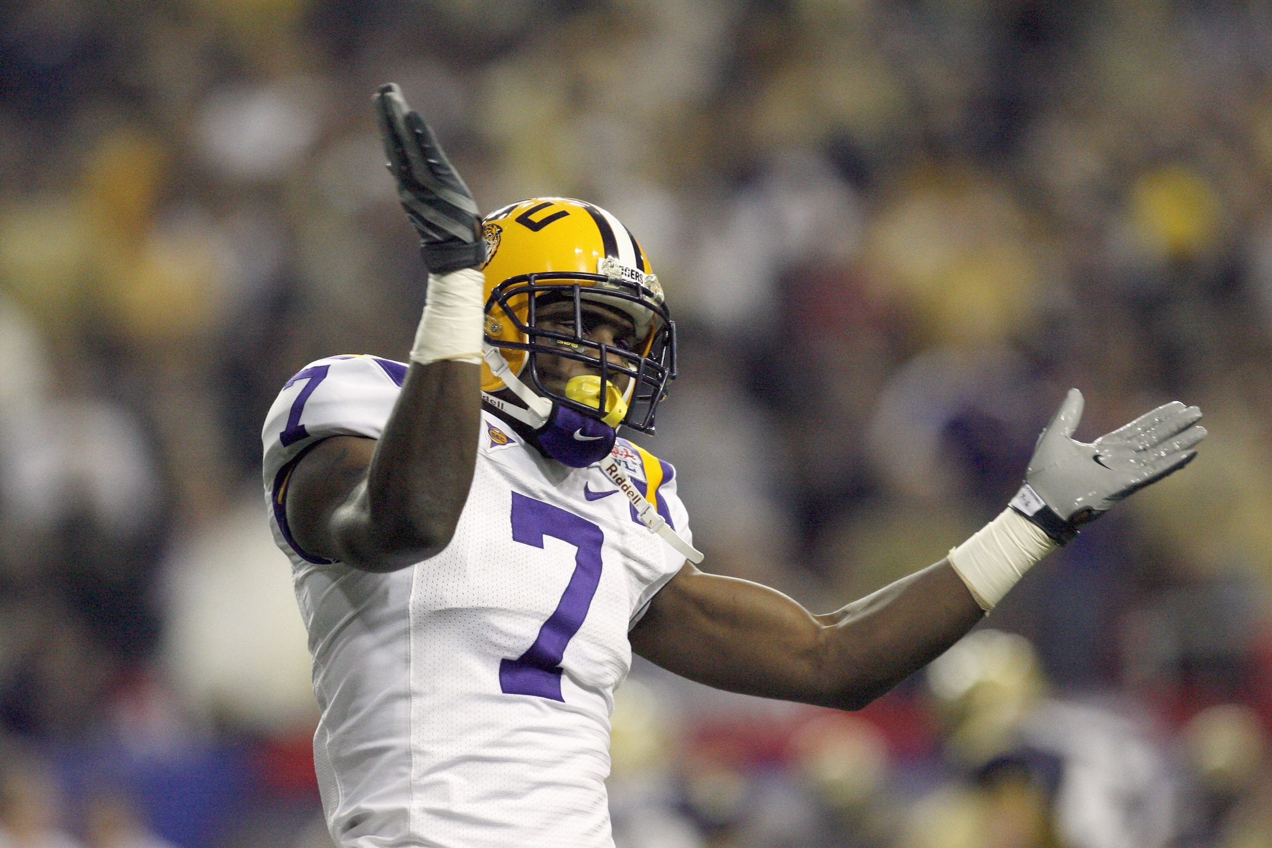 ATLANTA - DECEMBER 31: Patrick Peterson #7 of the LSU Tigers celebrates on the field during the Chick-fil-A Bowl against the Georgia Tech Yellow Jackets on December 31, 2008 at the Georgia Dome in Atlanta, Georgia. (Photo by Kevin C. Cox/Getty Images) ATLANTA - DECEMBER 31: Patrick Peterson #7 of the LSU Tigers celebrates on the field during the Chick-fil-A Bowl against the Georgia Tech Yellow Jackets on December 31, 2008 at the Georgia Dome in Atlanta, Georgia. (Photo by Kevin C. Cox/Getty Images)