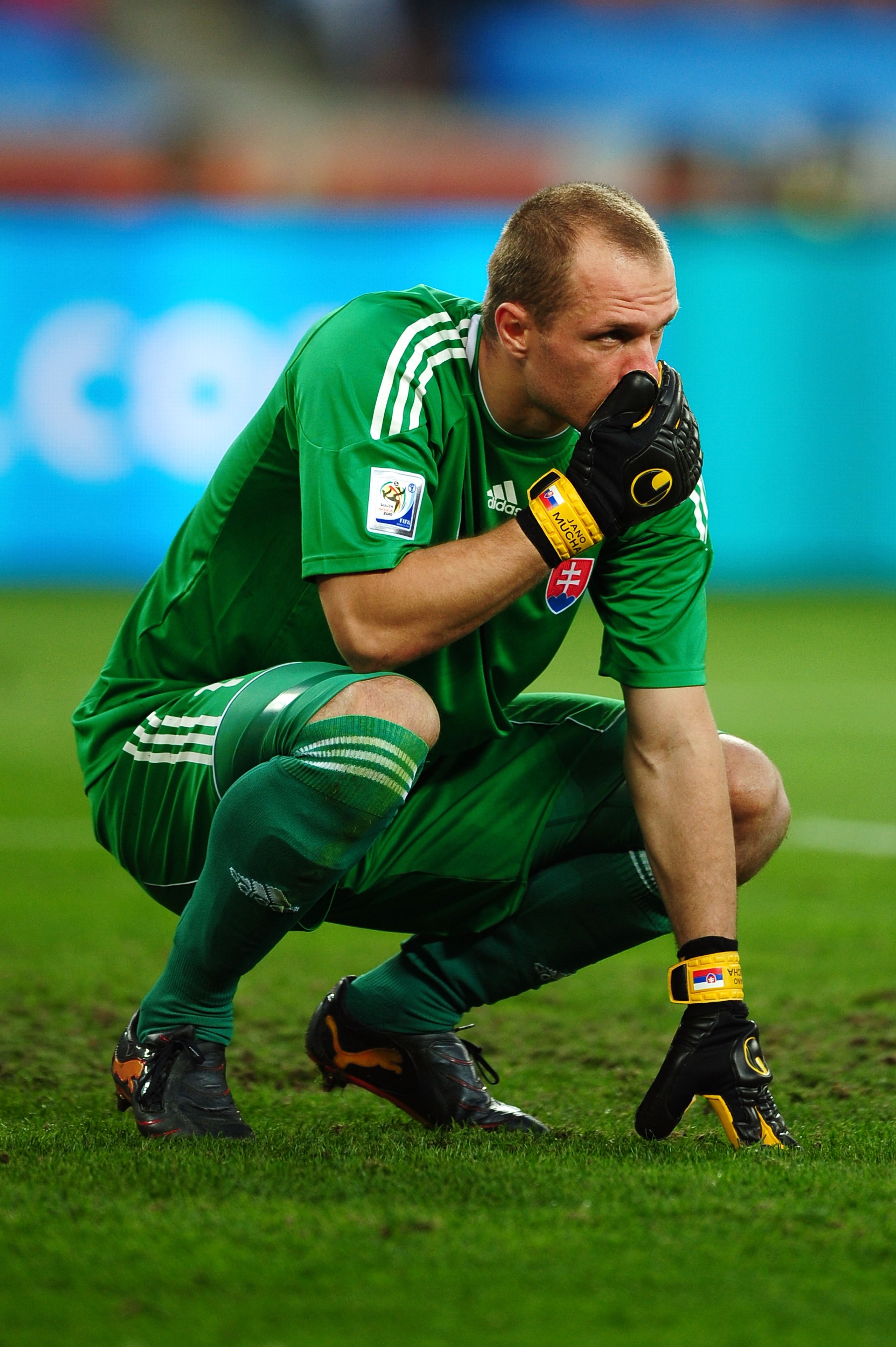 DURBAN, SOUTH AFRICA - JUNE 28: Jan Mucha of Slovakia looks on during the 2010 FIFA World Cup South Africa Round of Sixteen match between Netherlands and Slovakia at Durban Stadium on June 28, 2010 in Durban, South Africa.  (Photo by Laurence Griffiths/Ge