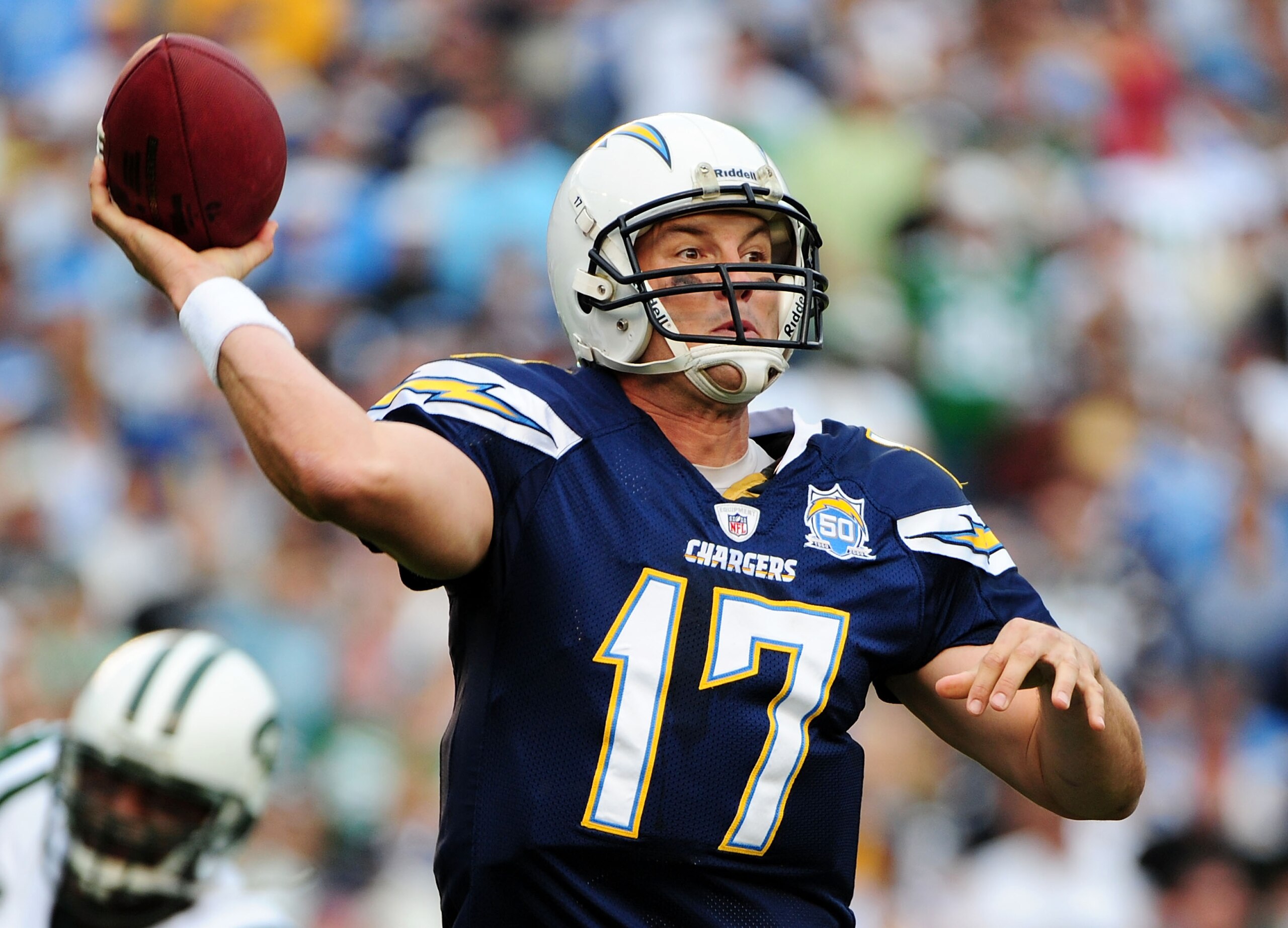 SAN DIEGO - JANUARY 17:  Quarterback Philip Rivers #17 of the San Diego Chargers attempts a pass against the New York Jets during the AFC Divisional Playoff Game at Qualcomm Stadium on January 17, 2010 in San Diego, California.  (Photo by Robert Laberge/G