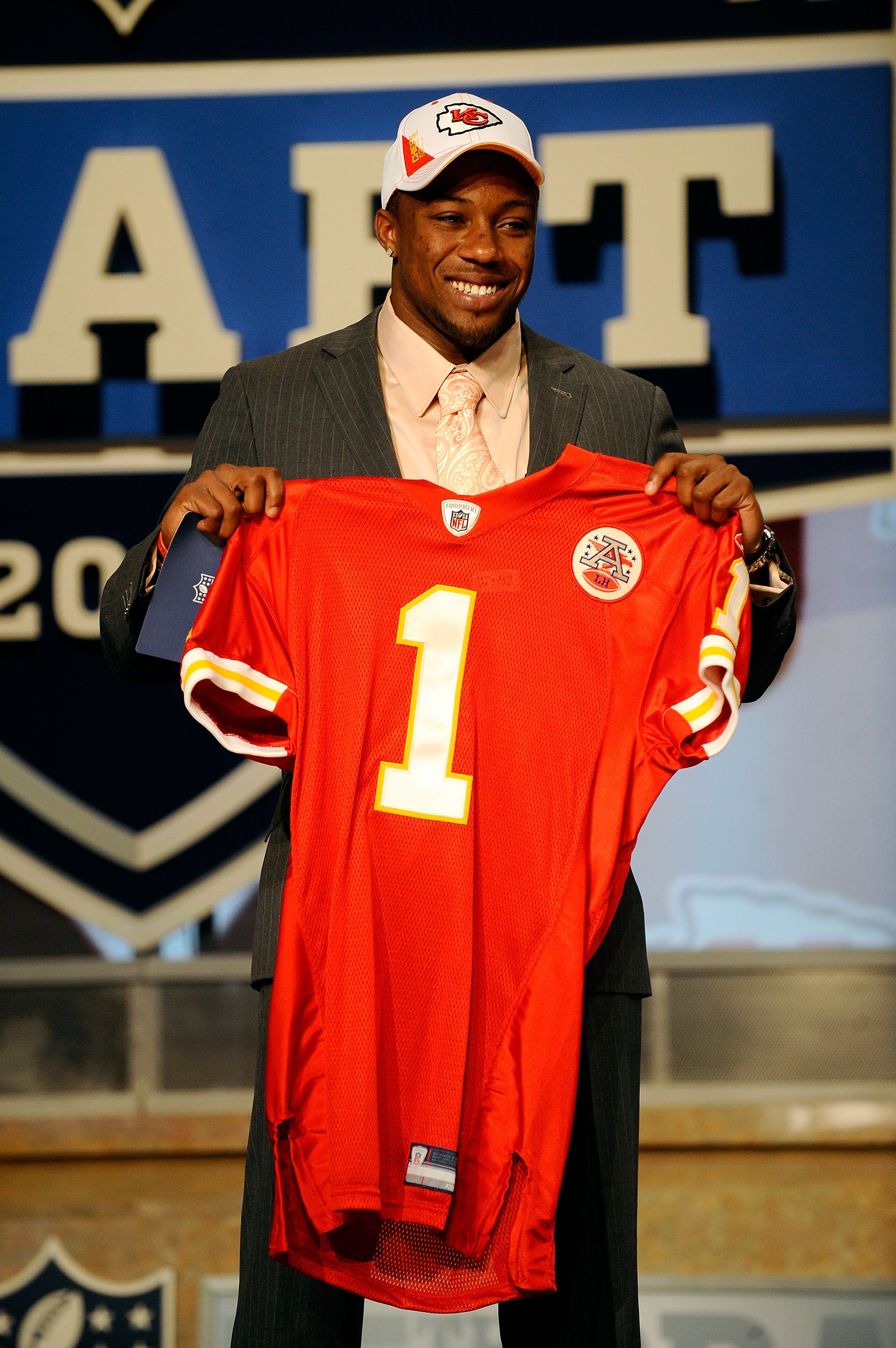 NEW YORK - APRIL 22:  Eric Berry from the Tennessee Volunteers holds a Kansas City Chiefs jersey after Chiefs selected Berry number 5 overall in the first round of the 2010 NFL Draft at Radio City Music Hall on April 22, 2010 in New York City.  (Photo by 