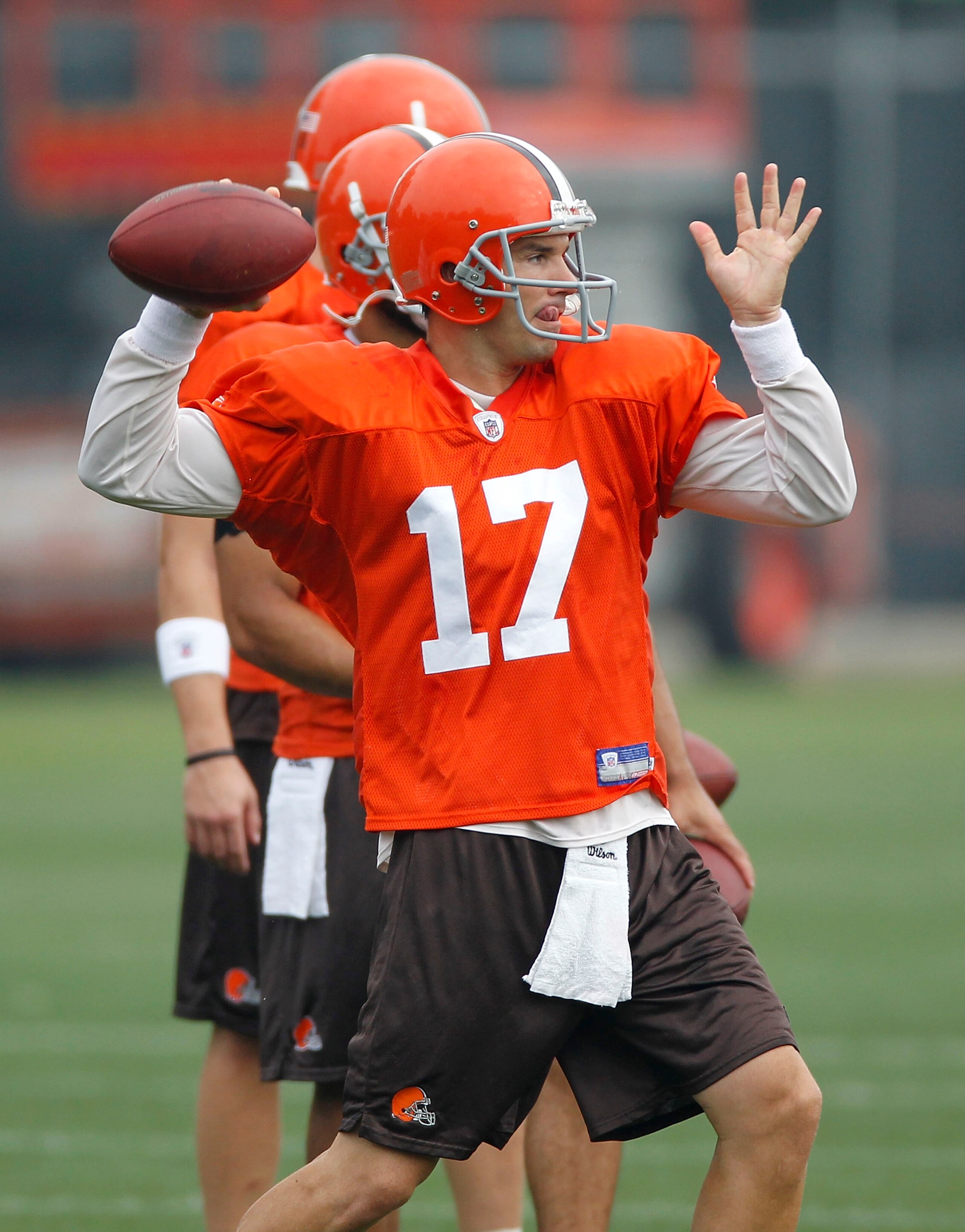 BEREA, OH - AUGUST 04:  Jake Delhomme #17 of the Cleveland Browns gets ready to throw a pass during training camp at the Cleveland Browns Training and Administrative Complex on August 4, 2010 in Berea, Ohio.  (Photo by Gregory Shamus/Getty Images)